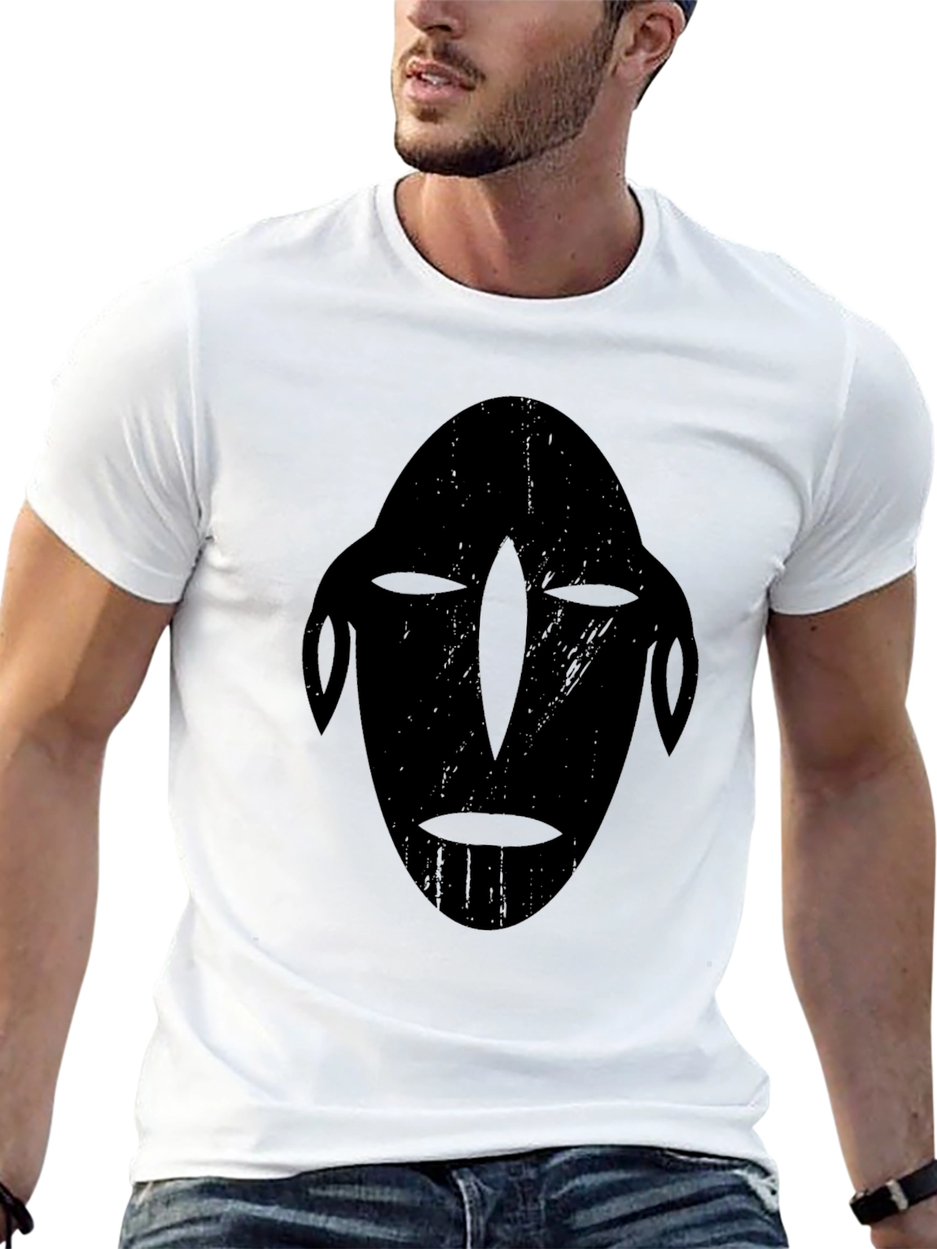 Tribal Mask Graphic Tee - Black Cotton T-Shirt