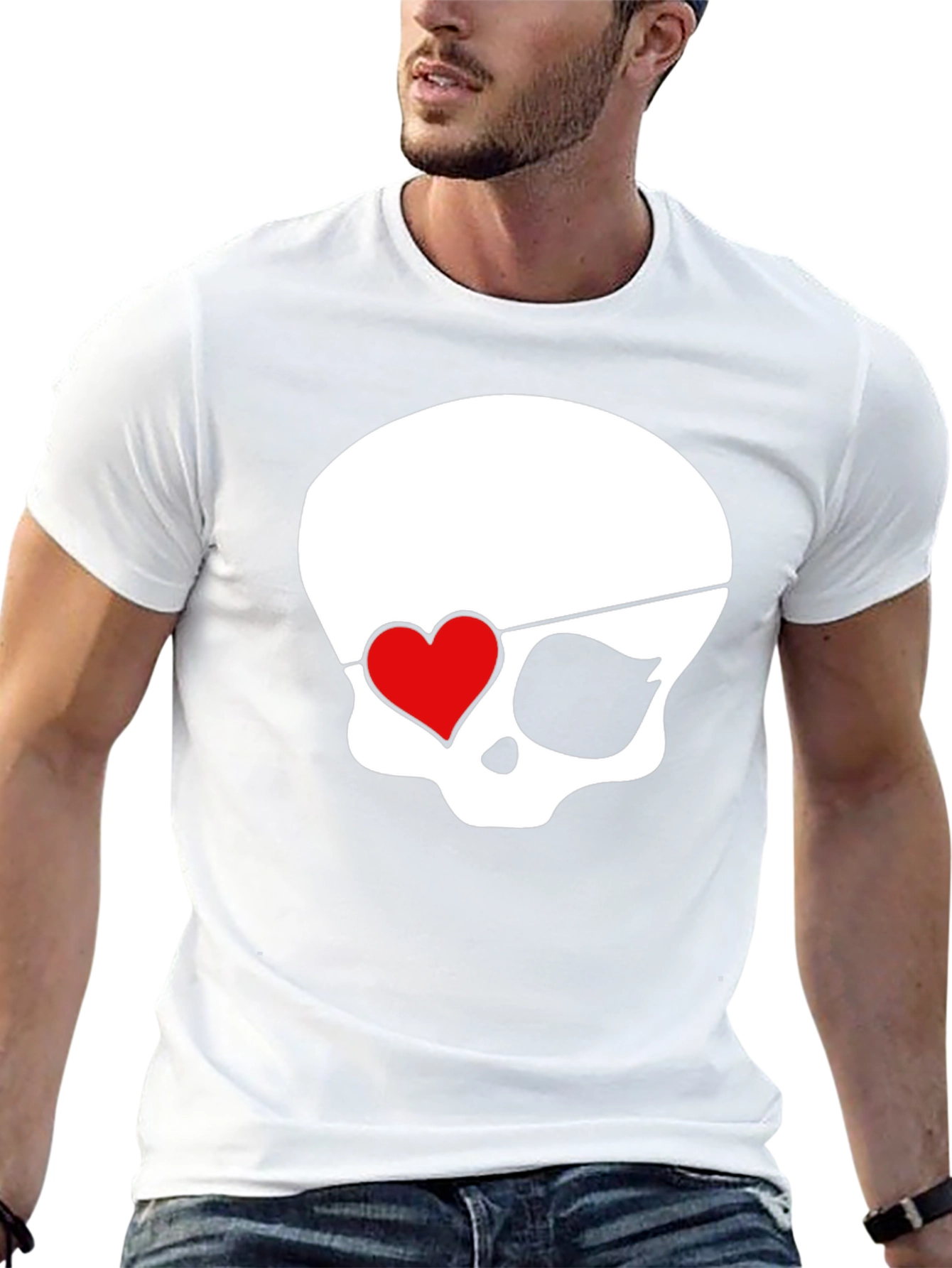 Skull Pirate Heart Eye Patch Mens Black T-Shirt