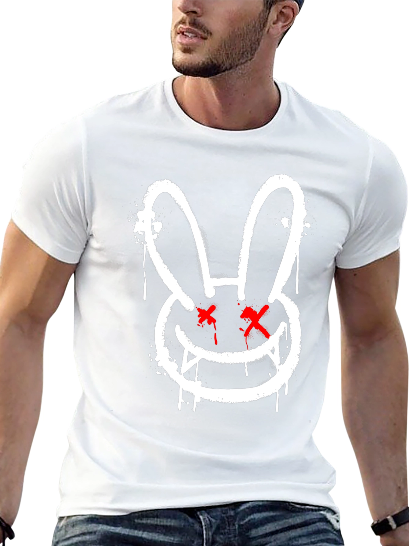 Edgy Rabbit Graphic Tee - Black Cotton Casual Shirt
