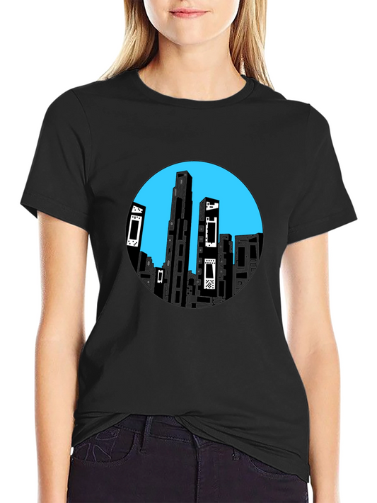 Abstract Cityscape Graphic Tee - Black Cotton Blend