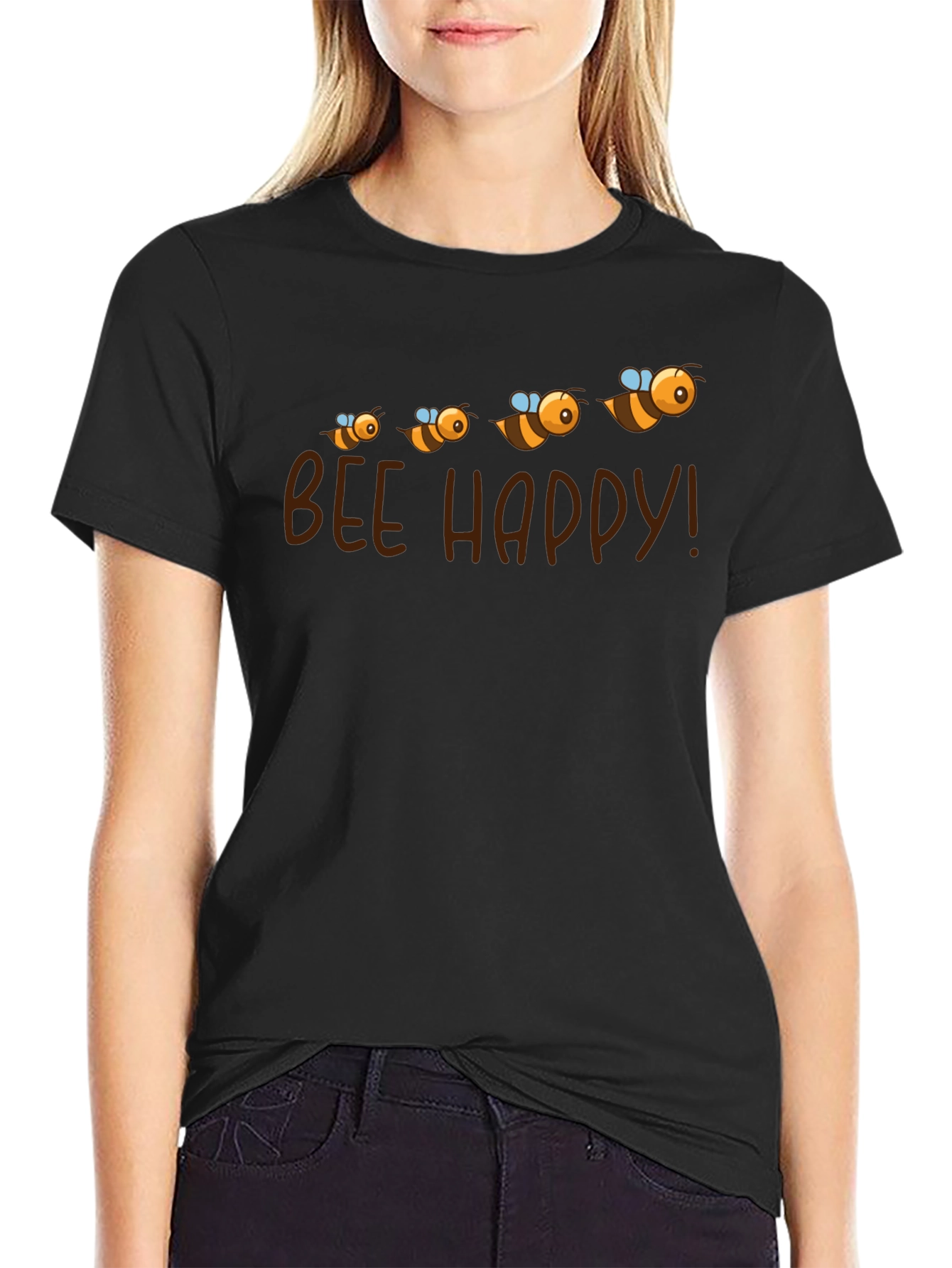 Bee Happy Graphic Tee - Black Cotton T-Shirt