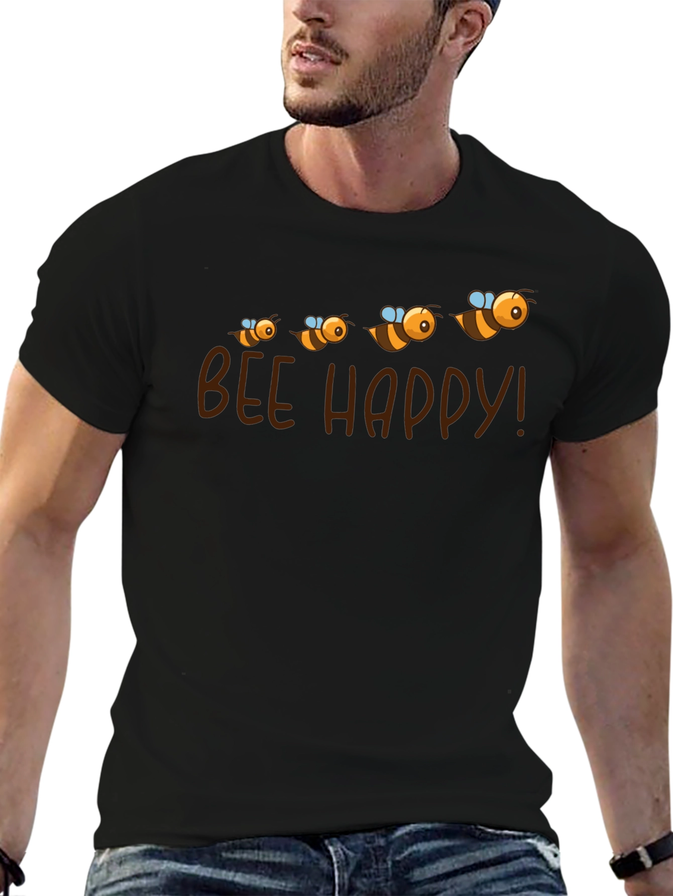 Bee Happy Graphic Tee - Black Cotton T-Shirt