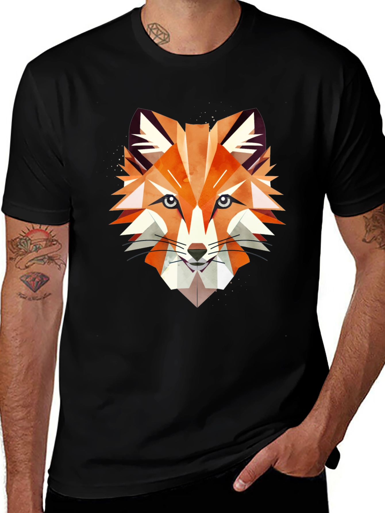 Geometric Fox Graphic Print Black T-Shirt