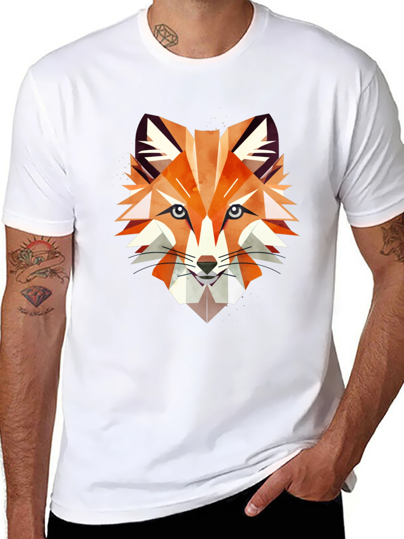Geometric Fox Graphic Print Black T-Shirt