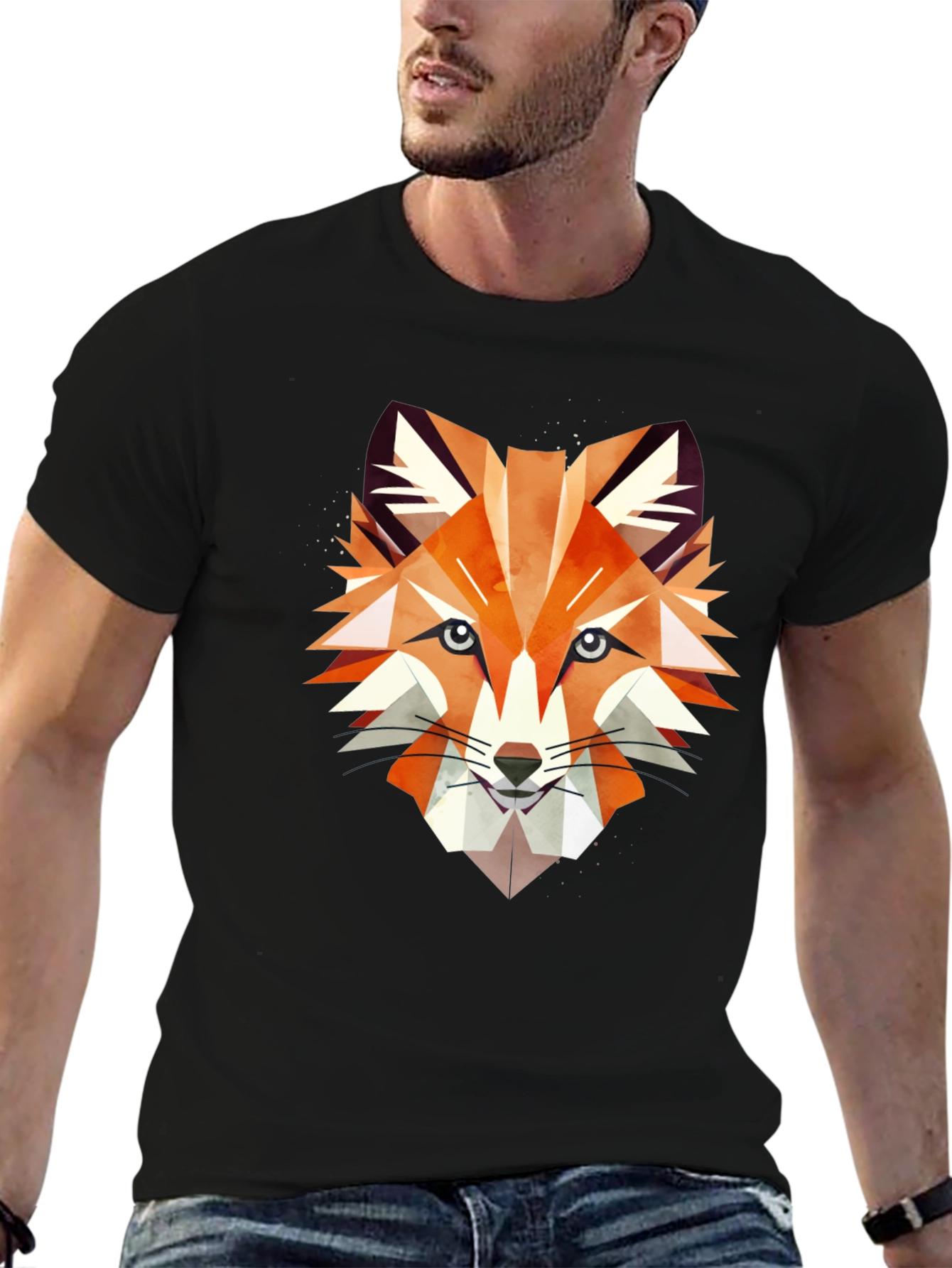 Geometric Fox Graphic Print Black T-Shirt