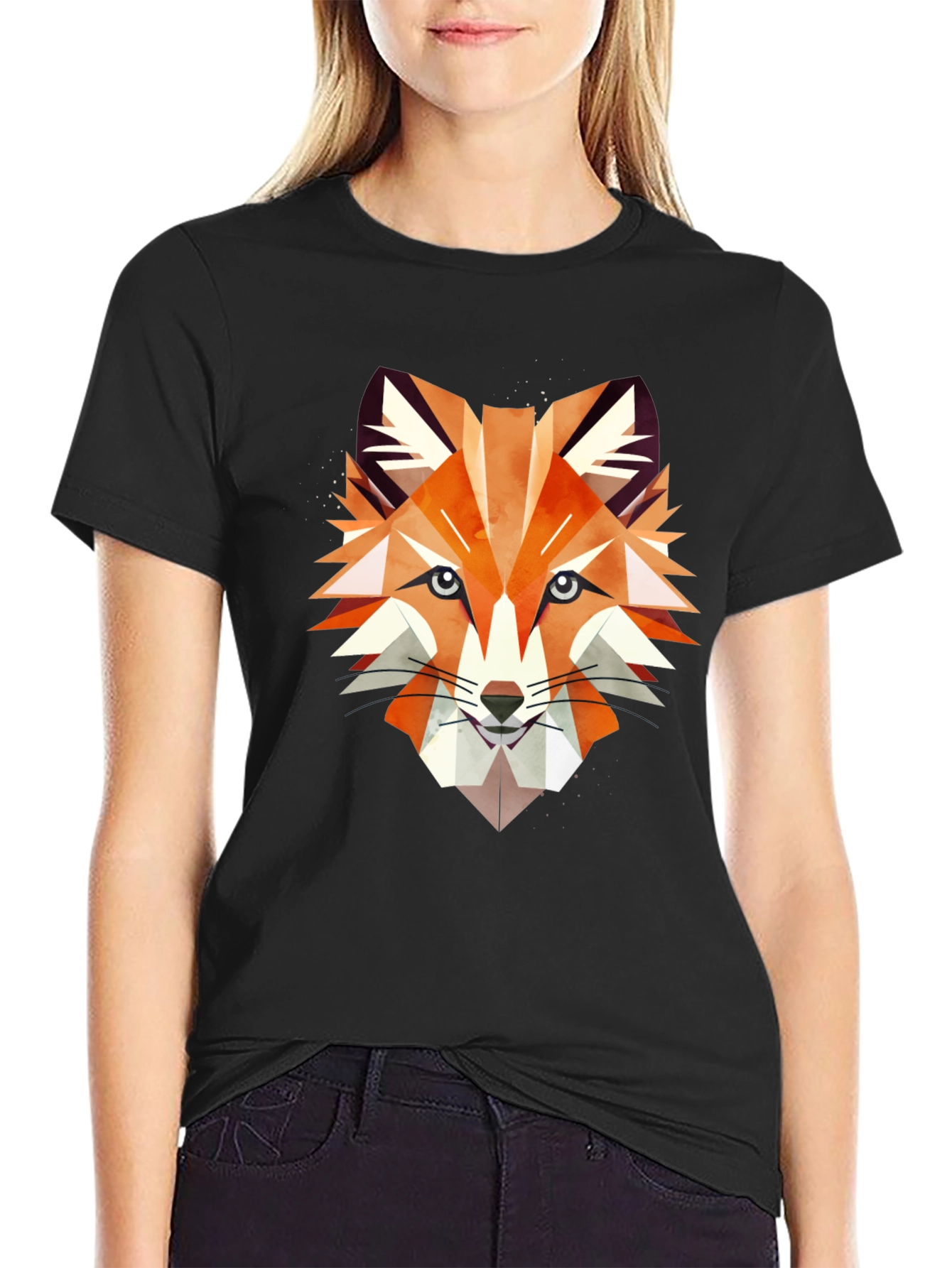 Geometric Fox Graphic Print Black T-Shirt