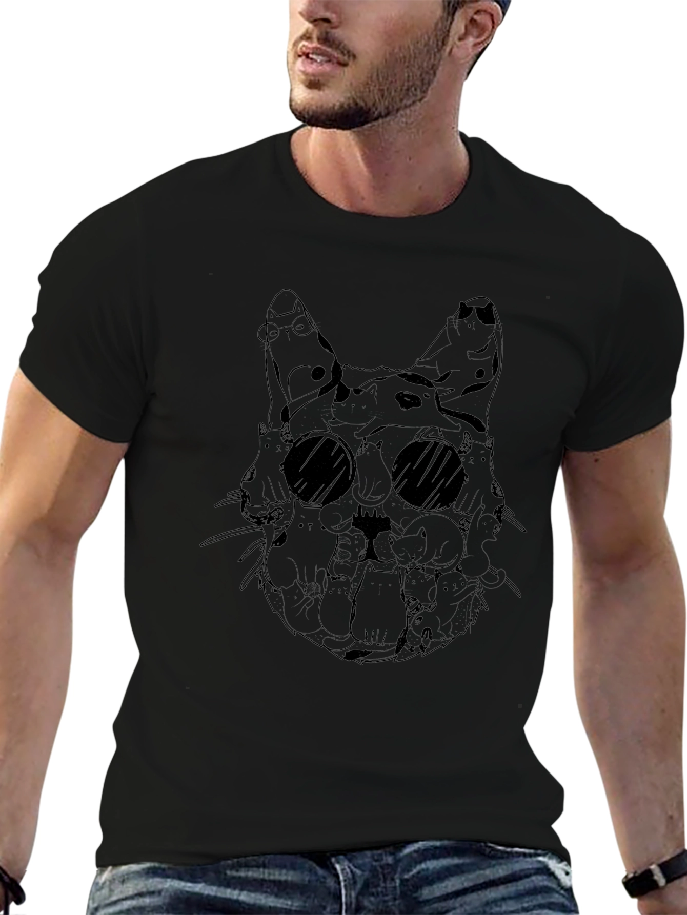 Cat Collage Graphic Tee - Black Crew Neck
