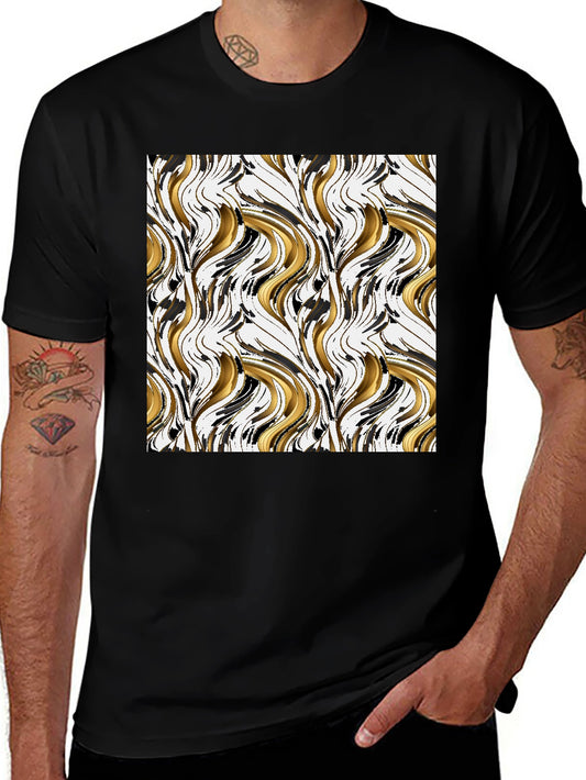 Abstract Gold & Black Swirl Print Black T-Shirt