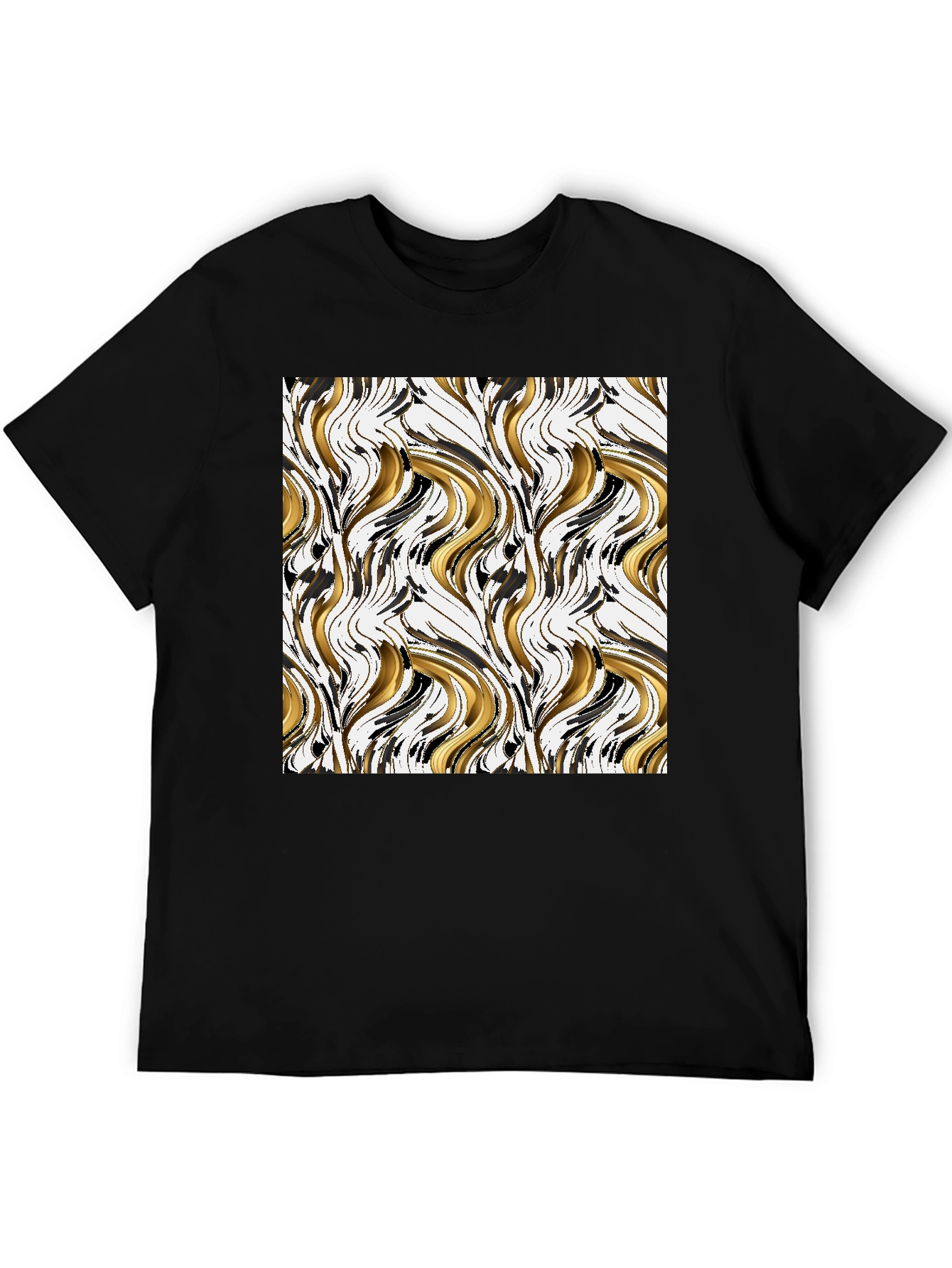 Abstract Gold & Black Swirl Print Black T-Shirt