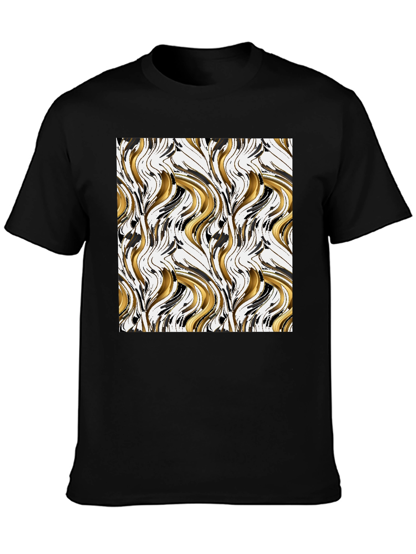 Abstract Gold & Black Swirl Print Black T-Shirt