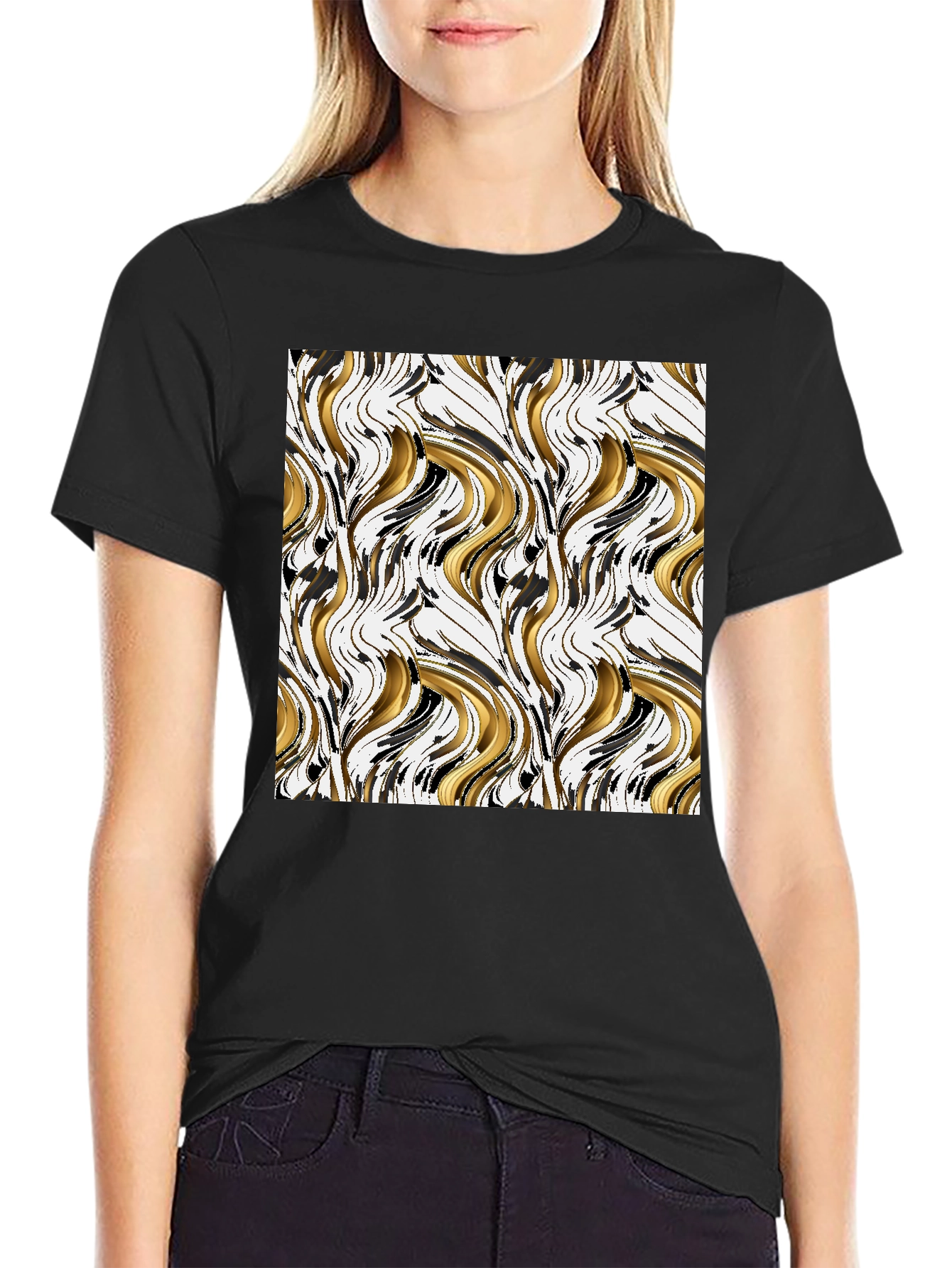 Abstract Gold & Black Swirl Print Black T-Shirt