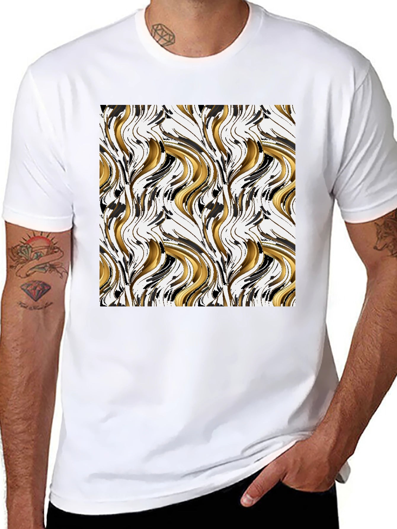 Abstract Gold & Black Swirl Print Black T-Shirt