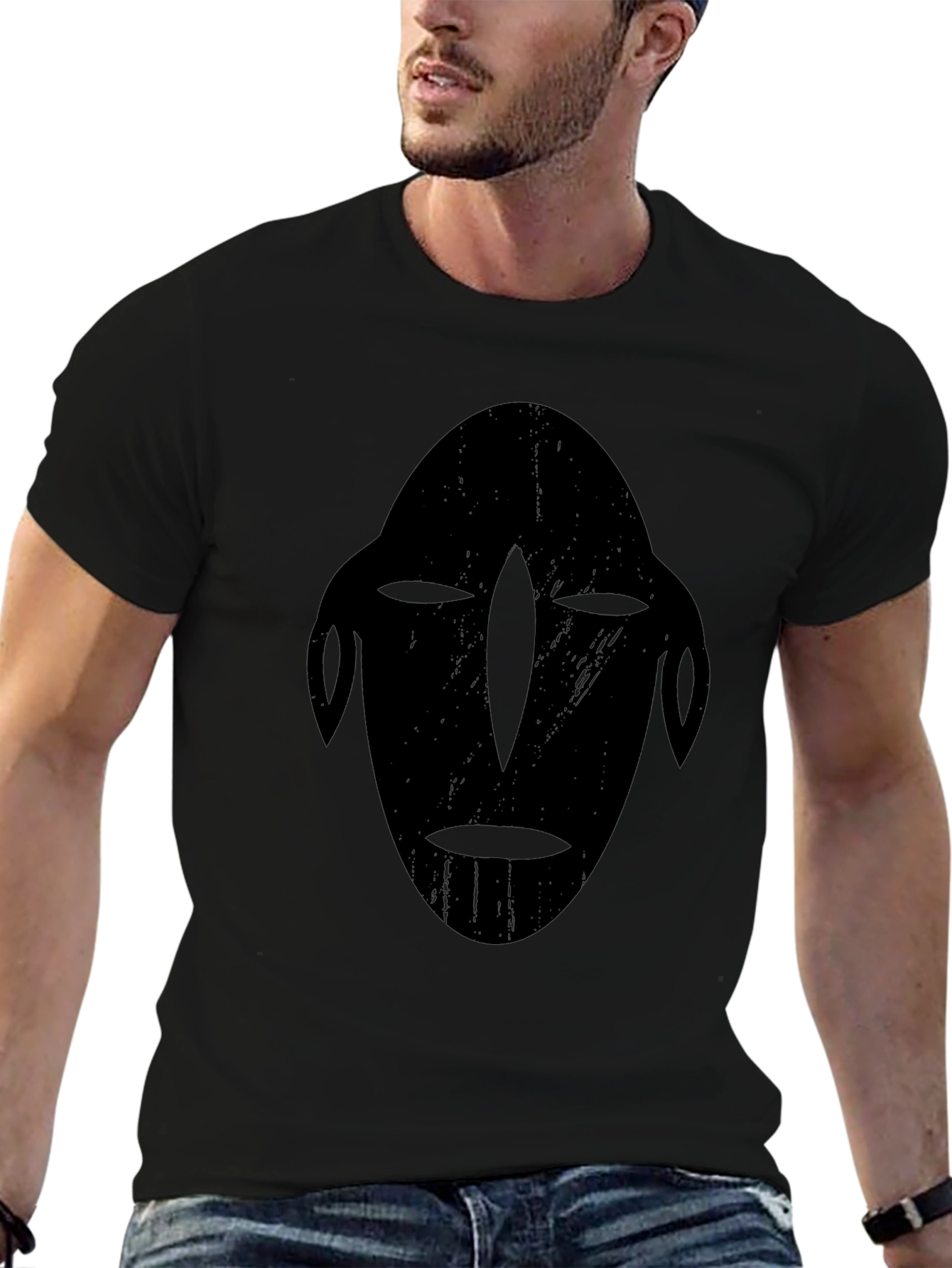 Tribal Mask Graphic Tee - Black Cotton T-Shirt