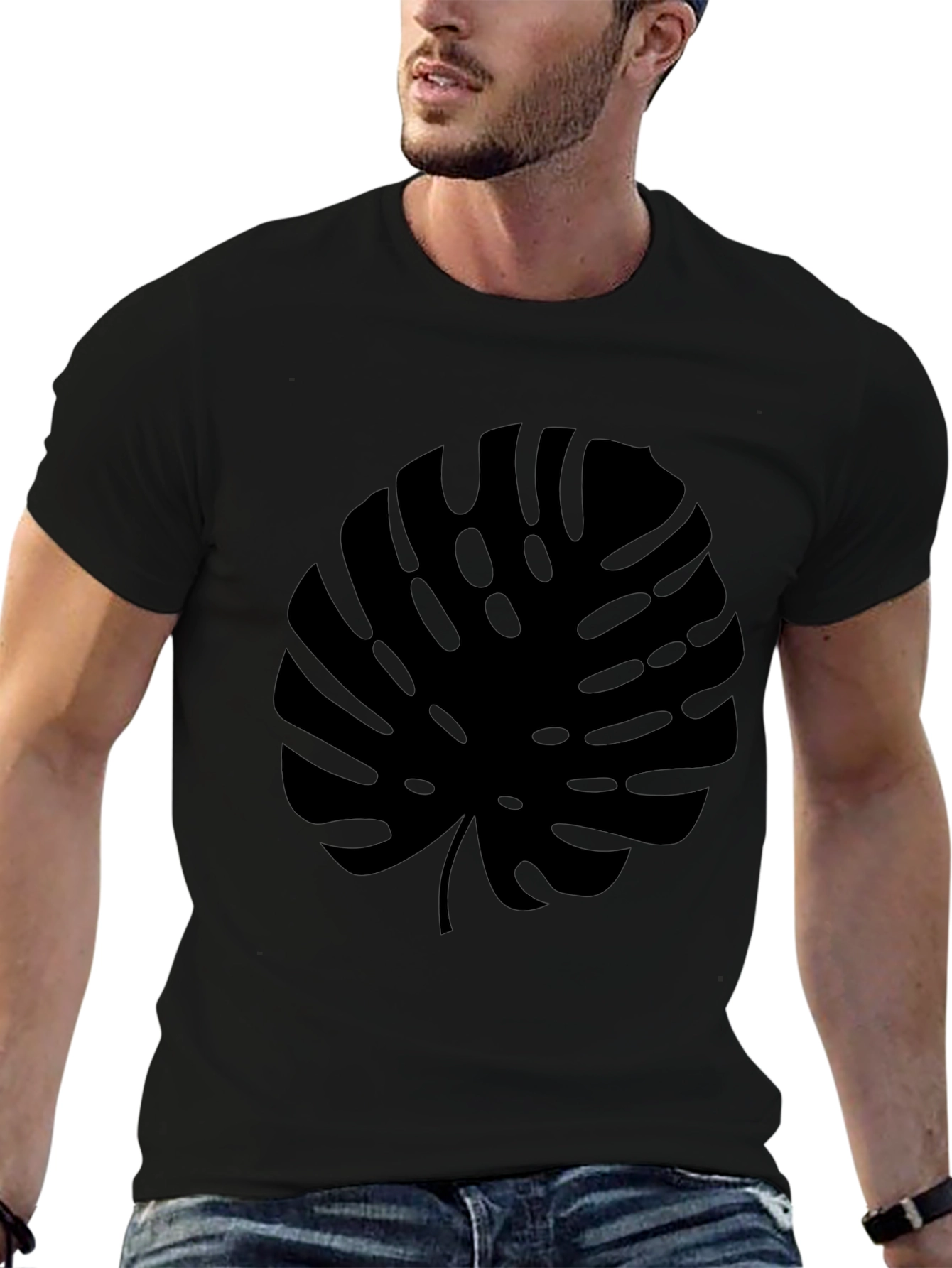 Modern Monstera Leaf Graphic Tee - Black