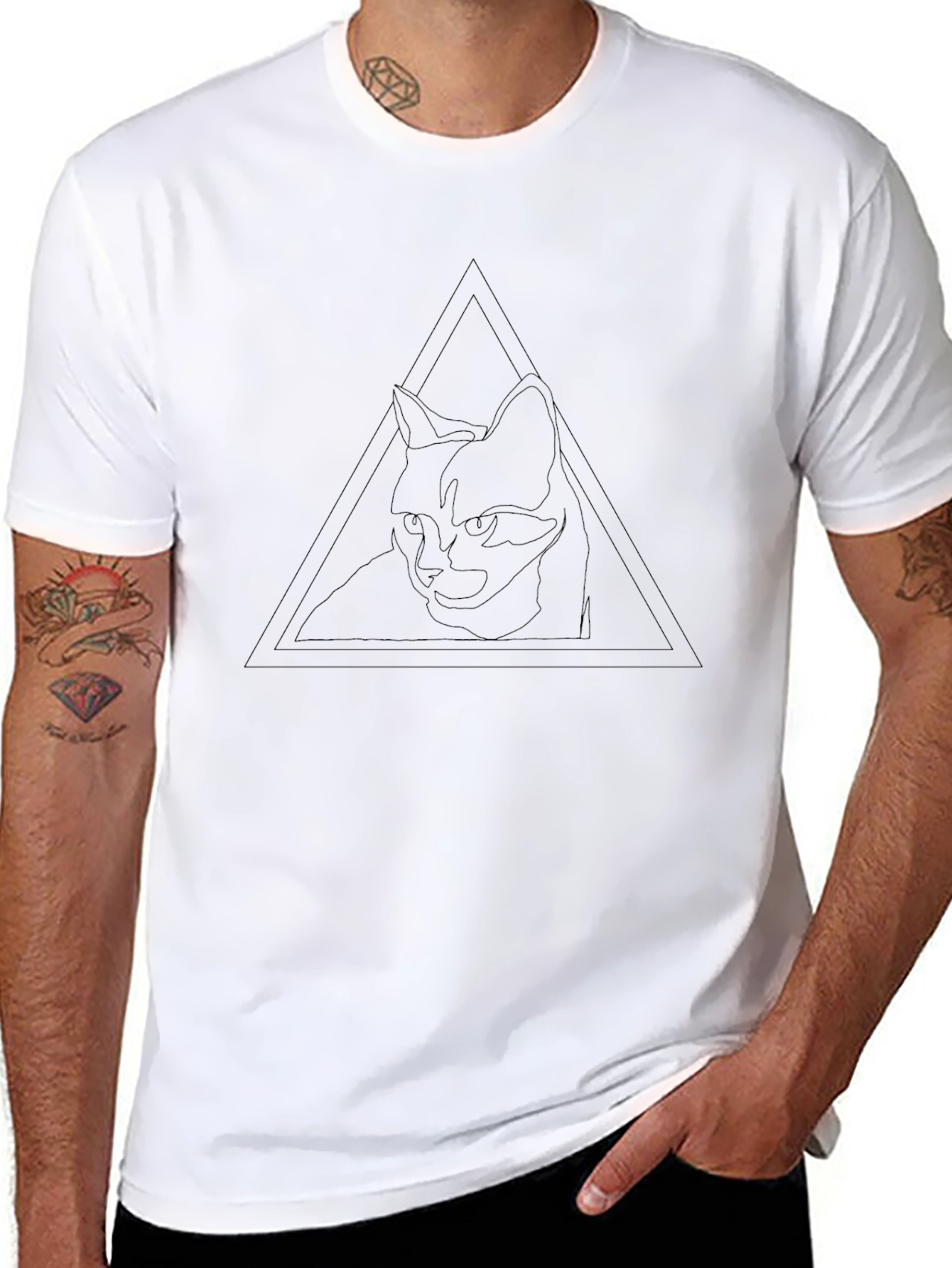 Abstract Cat Triangle Graphic Tee - Black