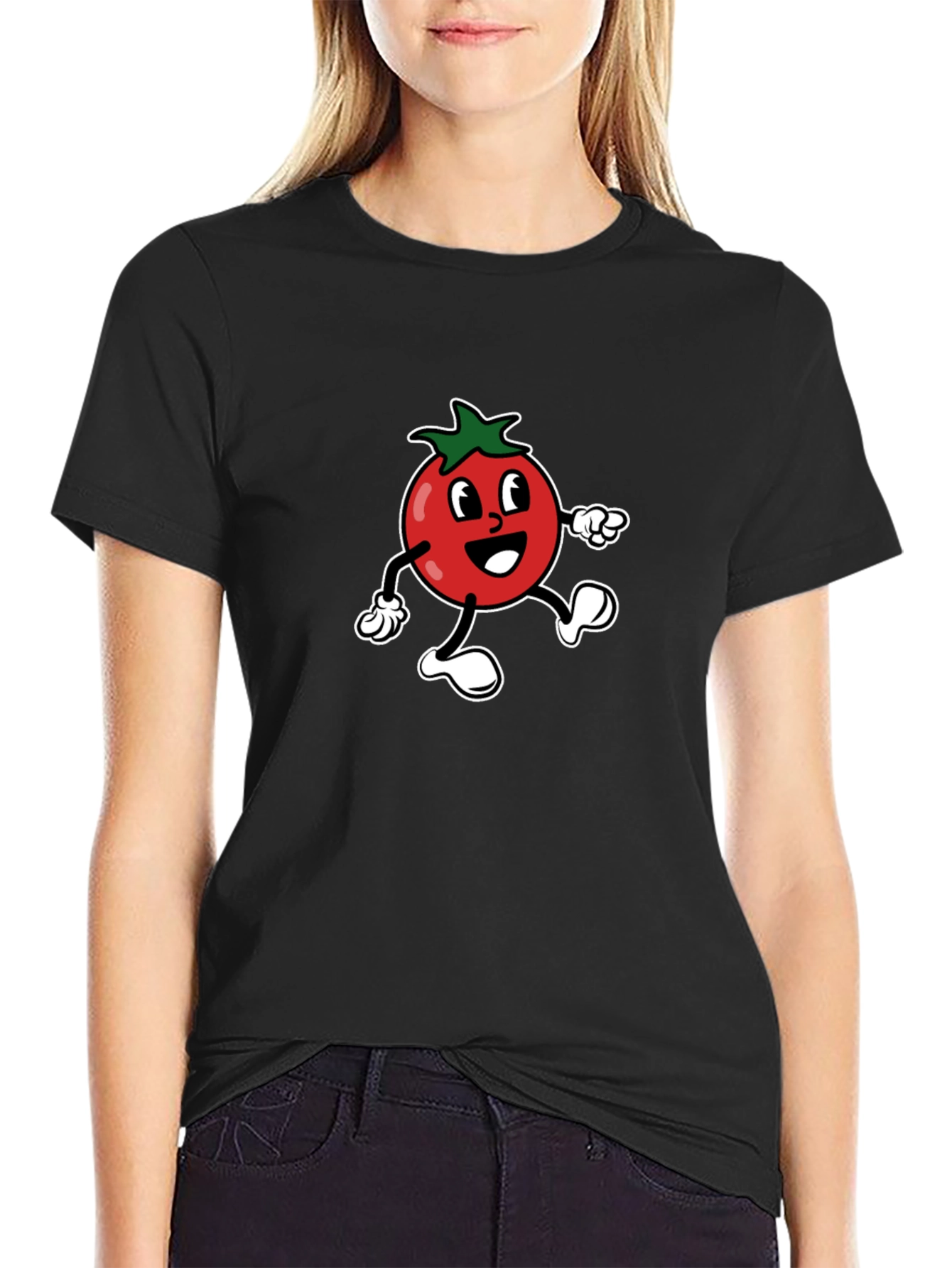 Tomato Cartoon Graphic Tee - Black Cotton T-Shirt