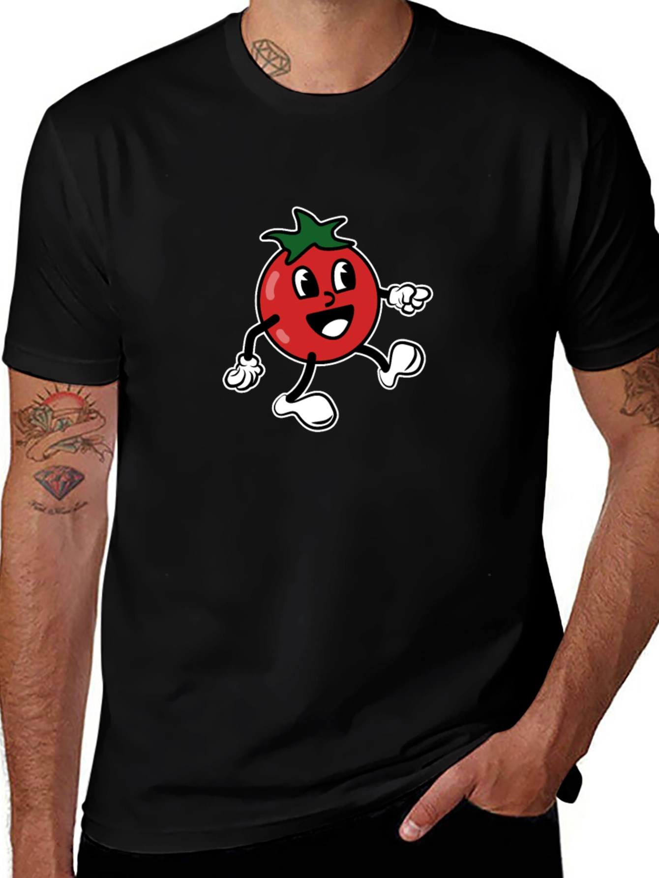Tomato Cartoon Graphic Tee - Black Cotton T-Shirt