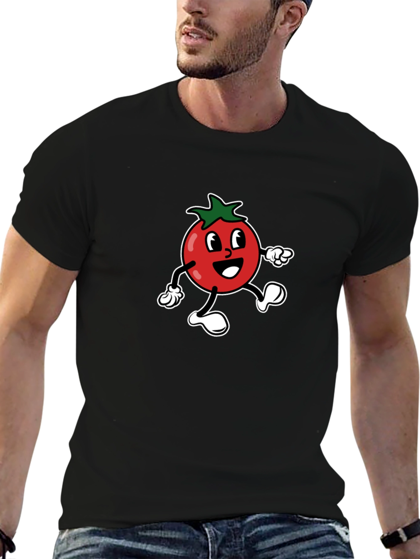 Tomato Cartoon Graphic Tee - Black Cotton T-Shirt