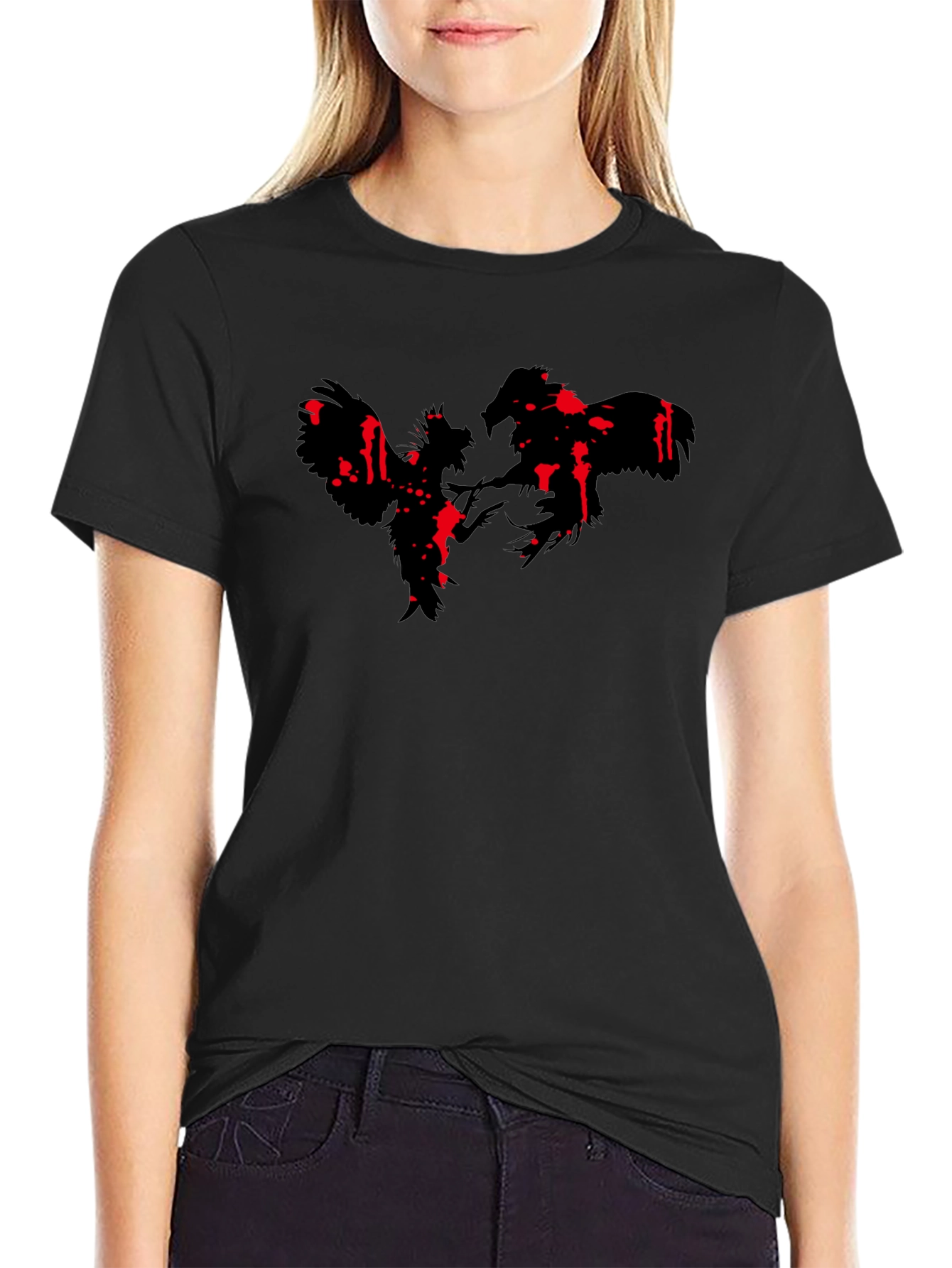 Rooster Fight Graphic Print Black T-Shirt