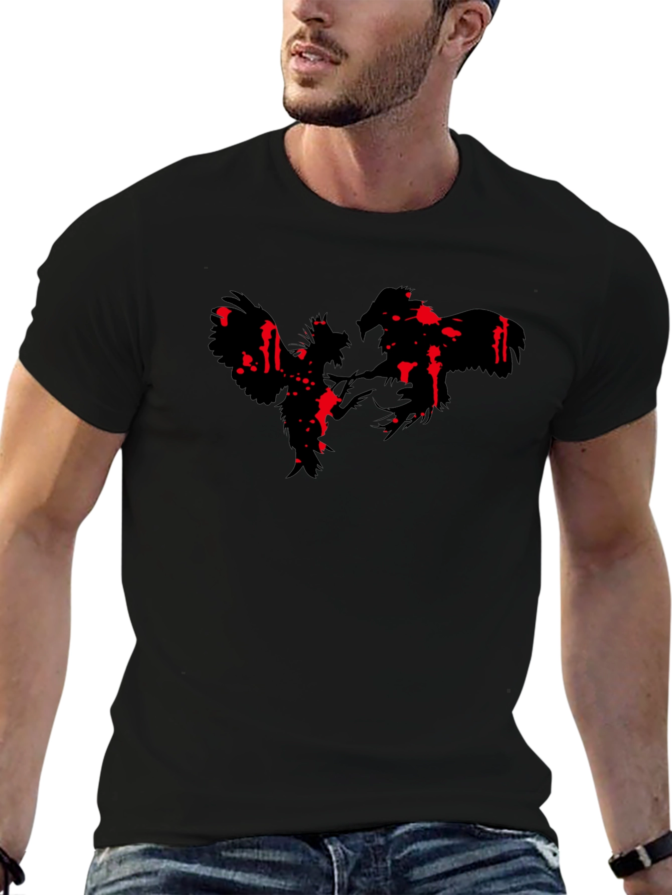 Rooster Fight Graphic Print Black T-Shirt