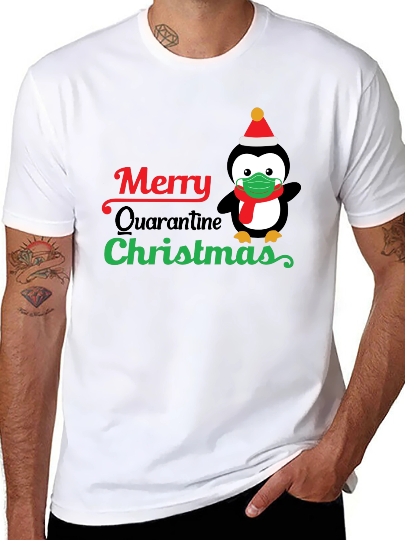 Merry Quarantine Christmas Penguin Graphic T-Shirt