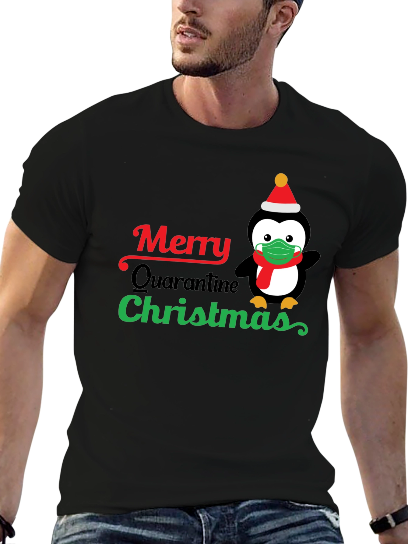 Merry Quarantine Christmas Penguin Graphic T-Shirt