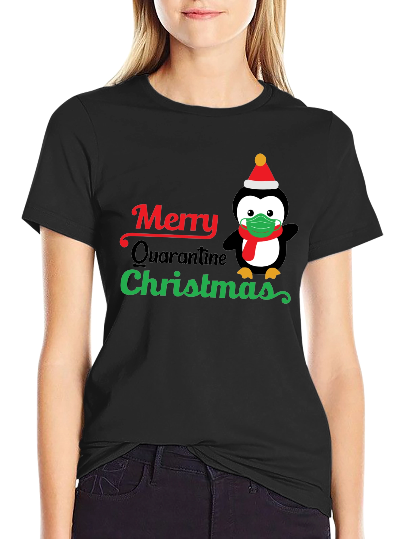 Merry Quarantine Christmas Penguin Graphic T-Shirt