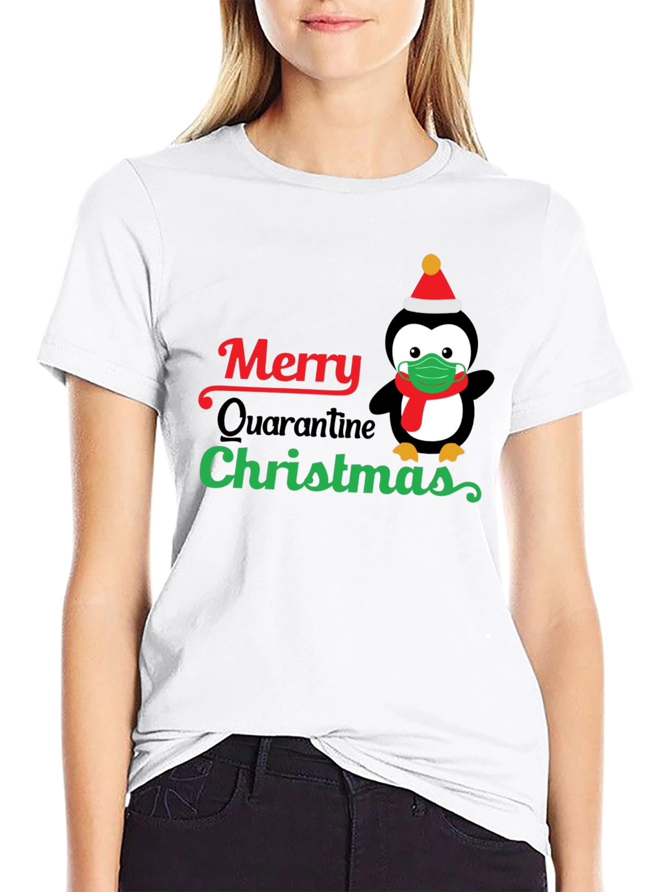 Merry Quarantine Christmas Penguin Graphic T-Shirt
