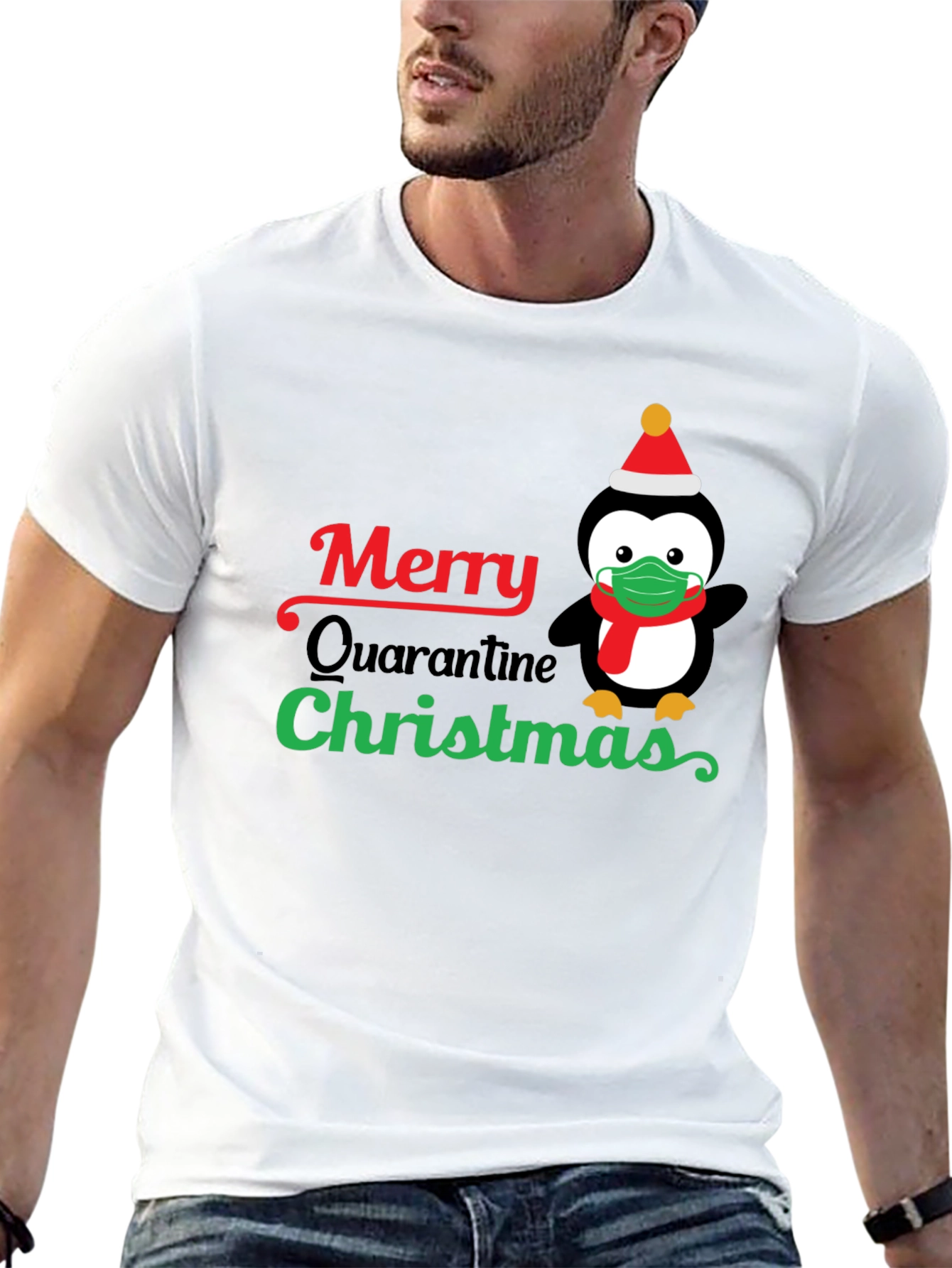 Merry Quarantine Christmas Penguin Graphic T-Shirt