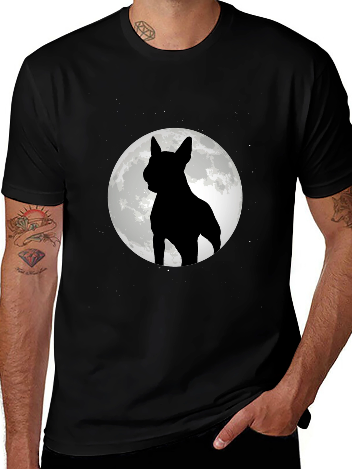 Dog Silhouette Moon Graphic Tee - Black Cotton Blend