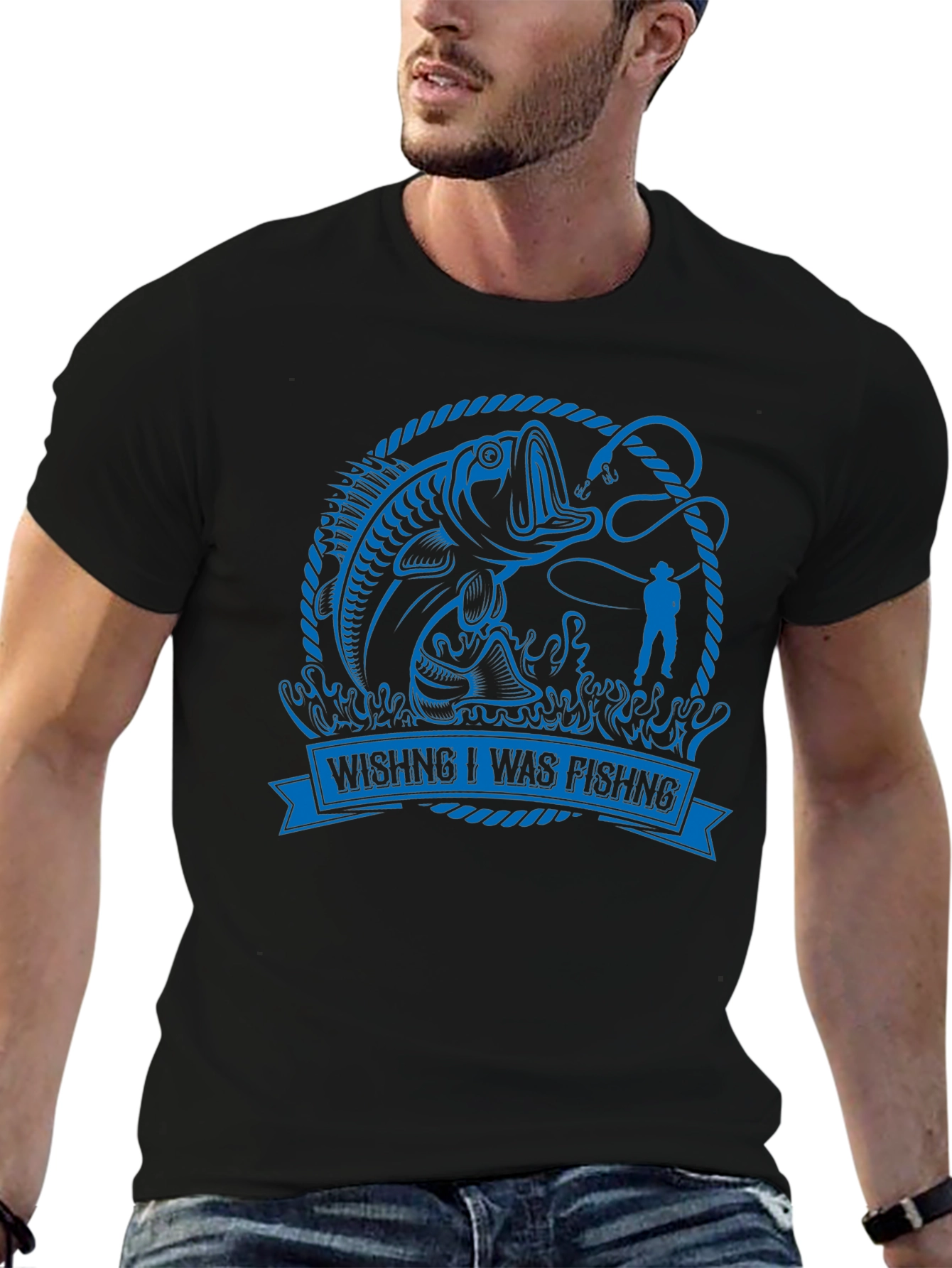 Wishing I Was Fishing Black Graphic Tee