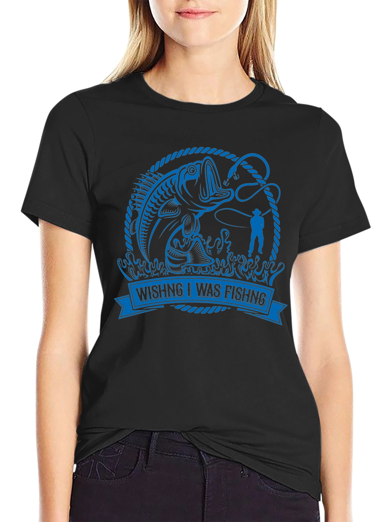 Wishing I Was Fishing Black Graphic Tee
