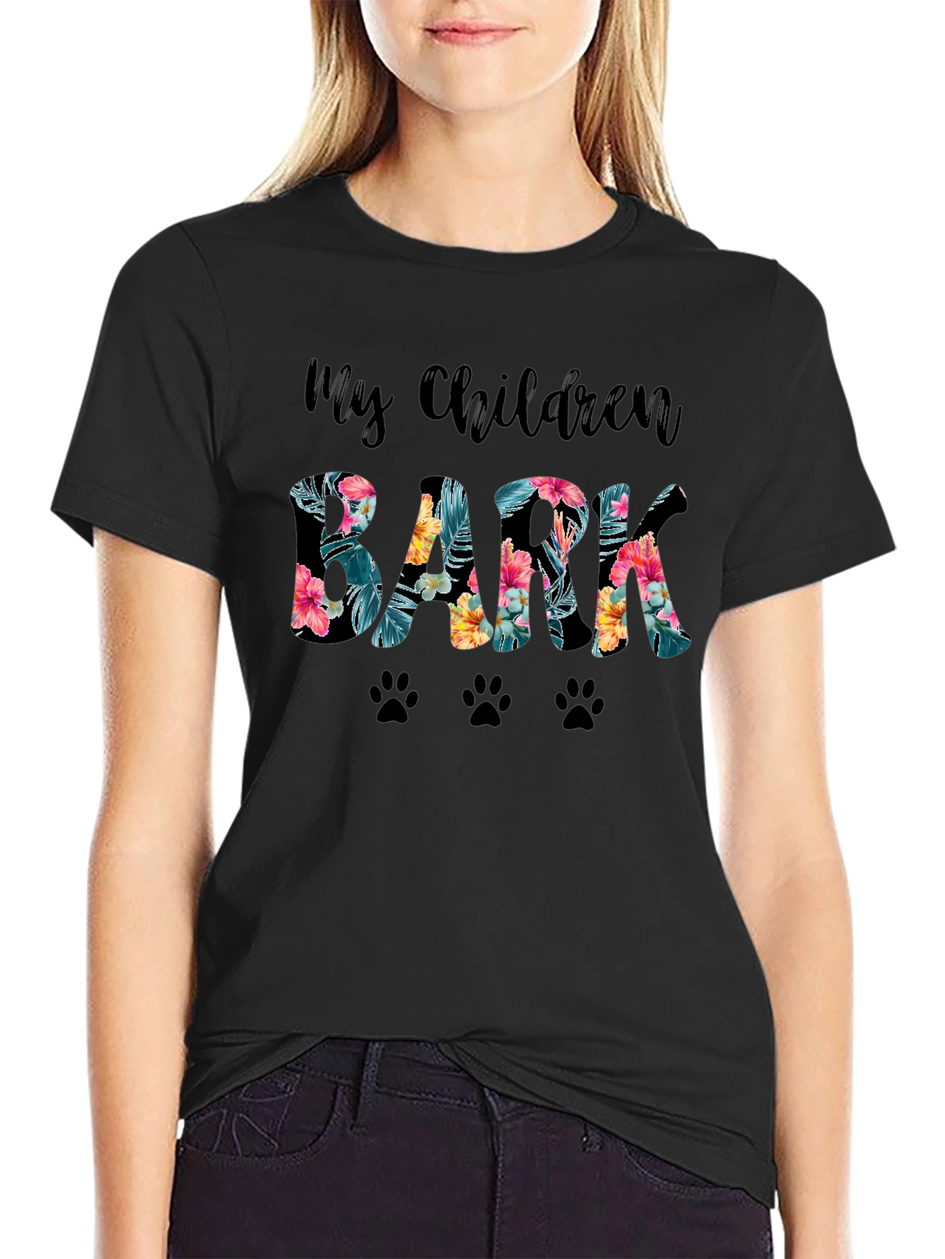 My Children Bark Floral Paw Print T-Shirt
