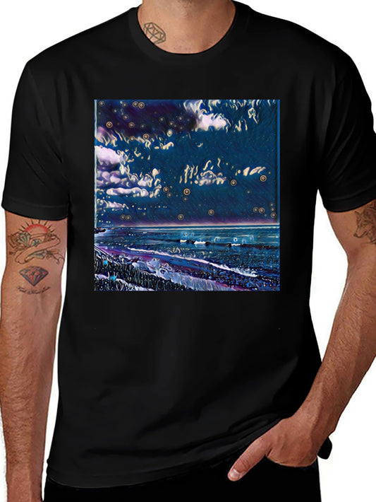 Night Sky Beach Print Tee - Stylish Mens Black T-Shirt