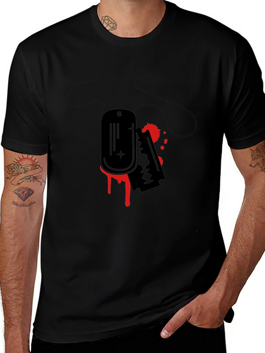 Edgy Graphic Tee: Bloody Razor Blade & Dog Tag Design