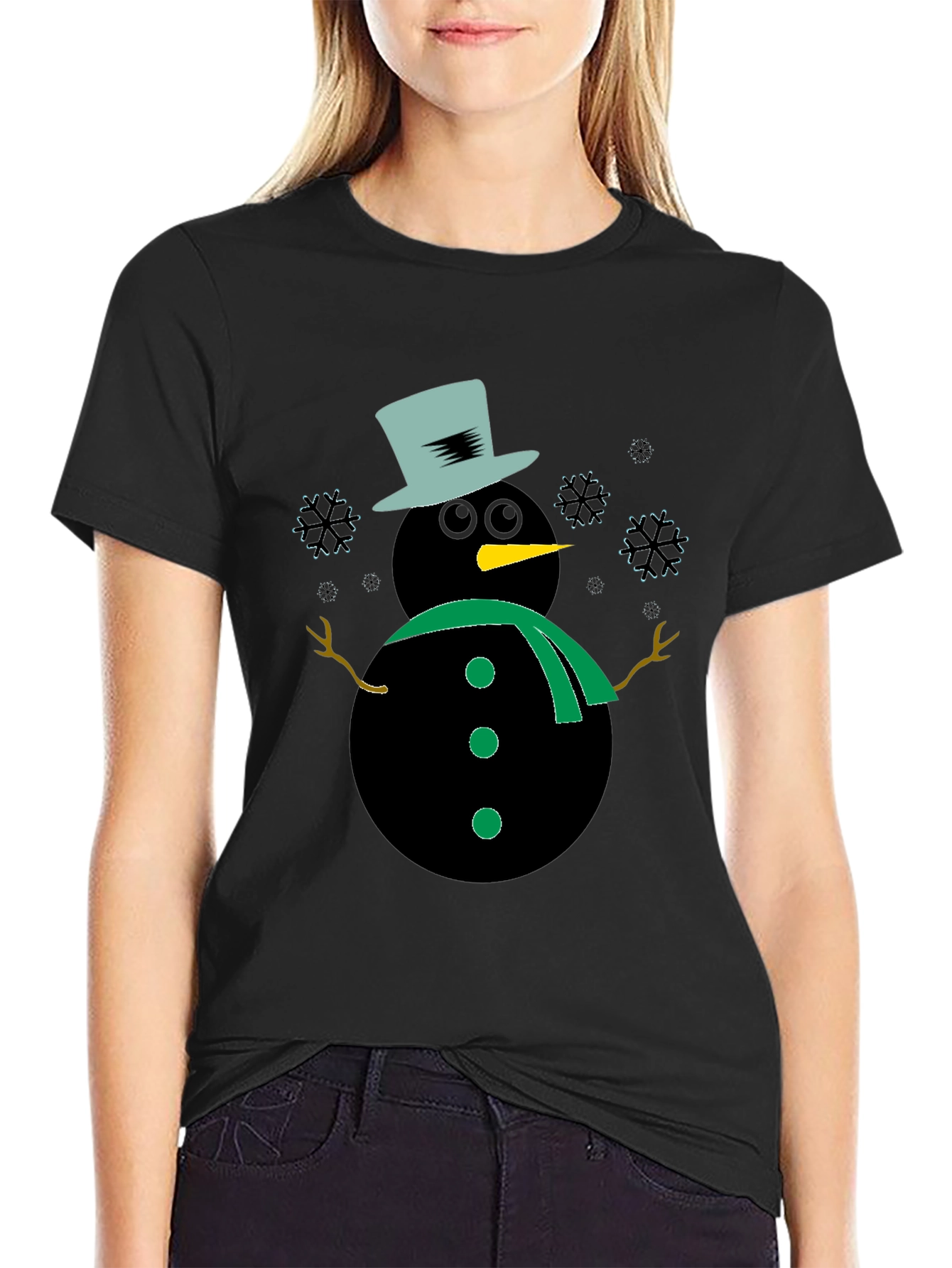 Snowman Graphic Tee - Black Winter Holiday Shirt