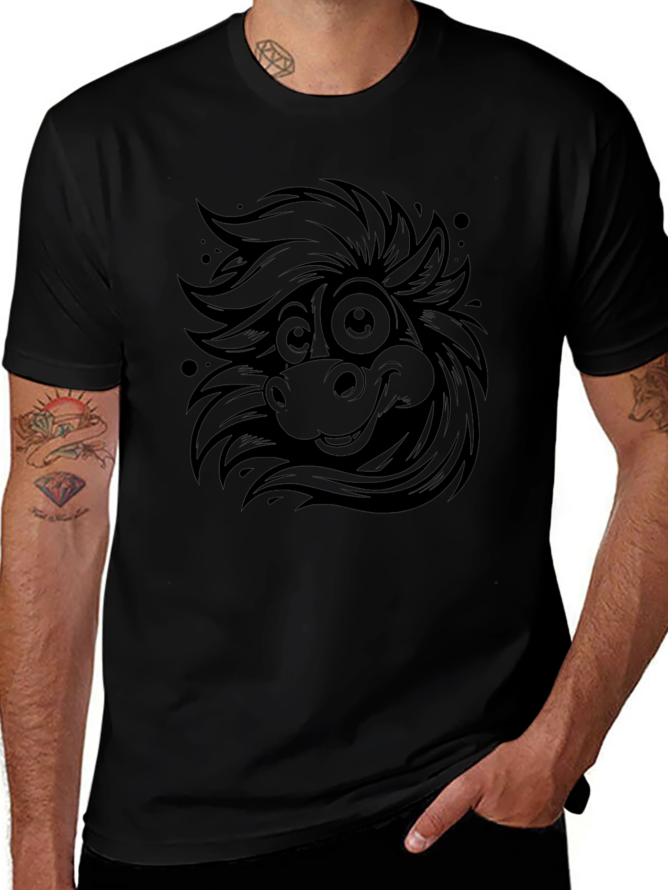 Cartoon Horse Tee - Quirky Black Graphic T-Shirt