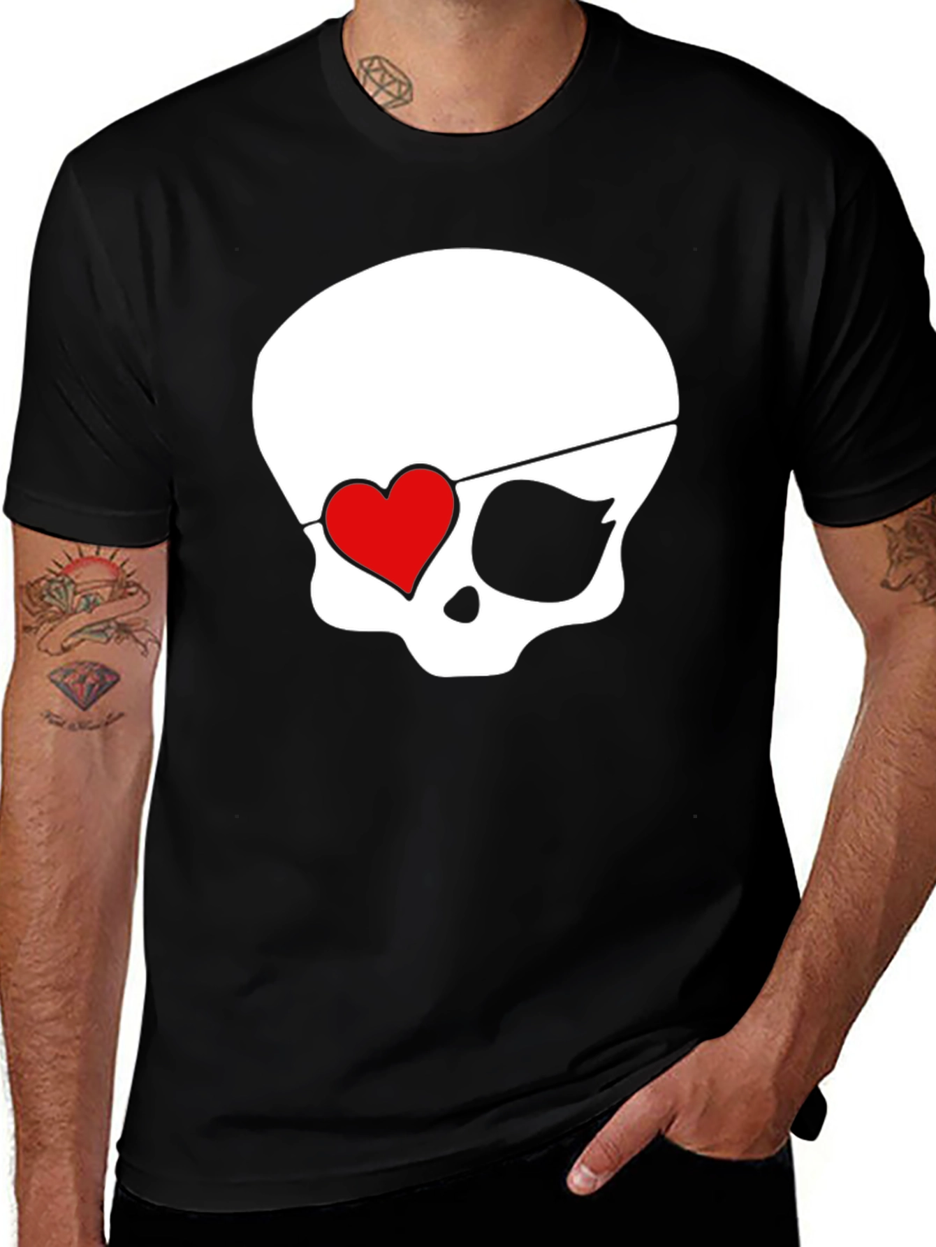 Skull Pirate Heart Eye Patch Mens Black T-Shirt
