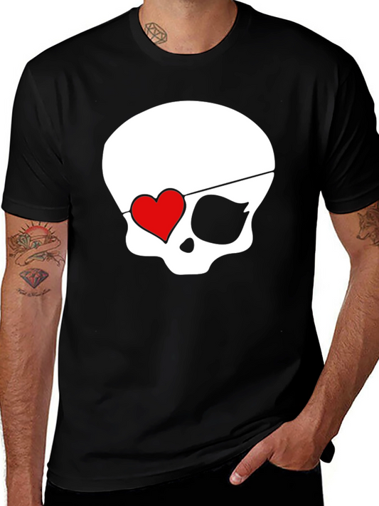 Skull Pirate Heart Eye Patch Mens Black T-Shirt