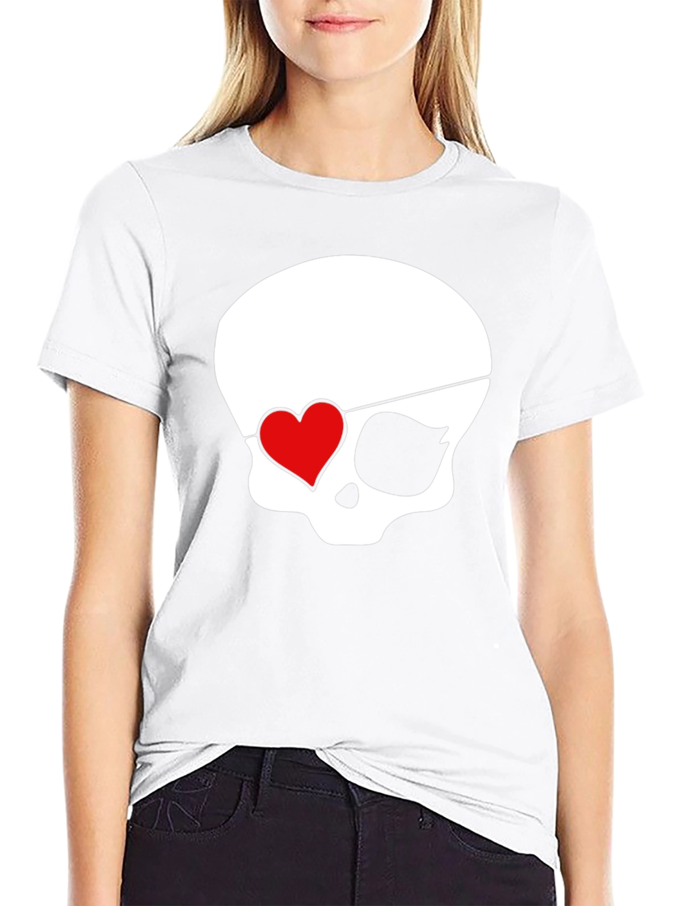 Skull Pirate Heart Eye Patch Mens Black T-Shirt