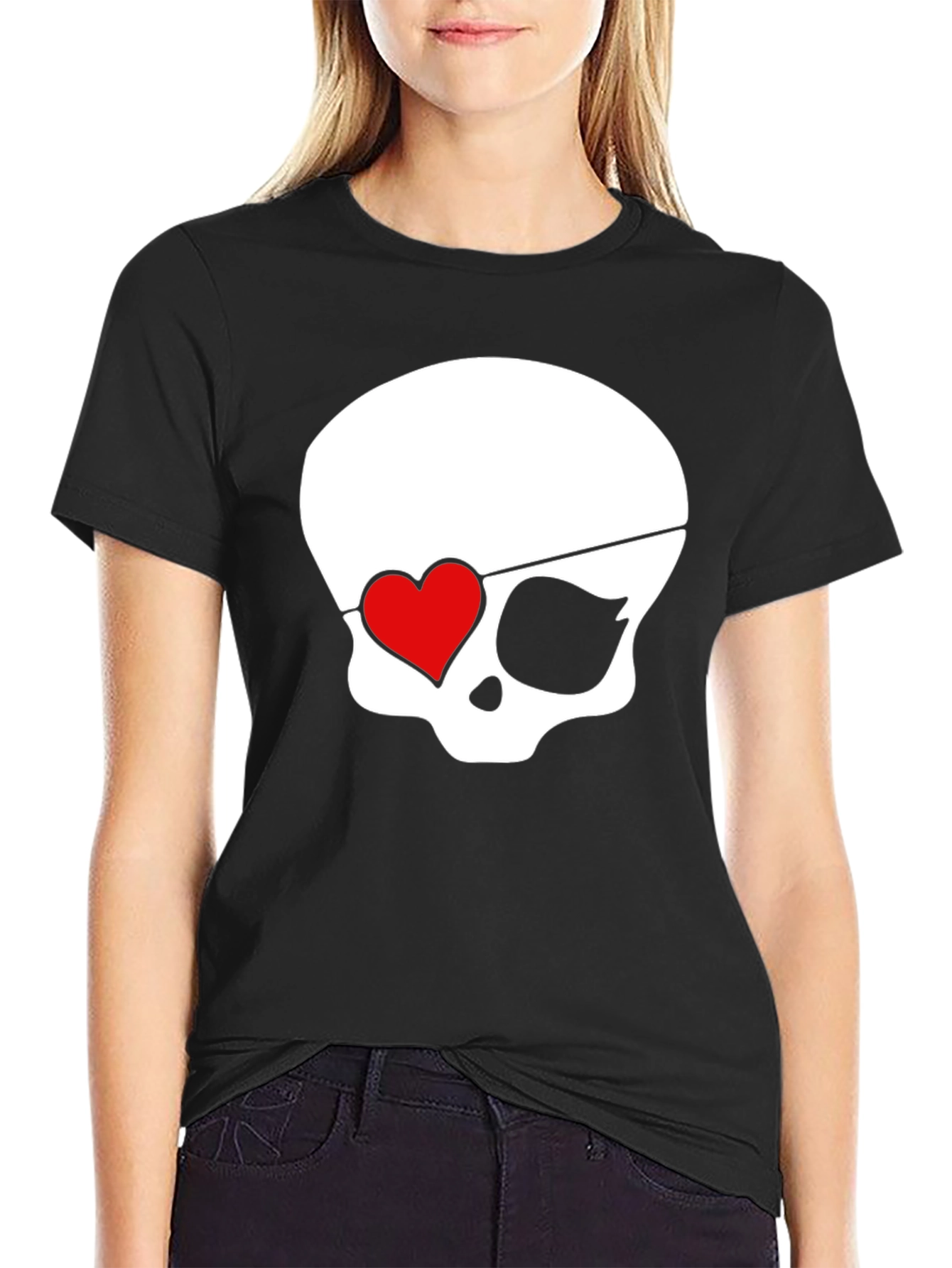 Skull Pirate Heart Eye Patch Mens Black T-Shirt