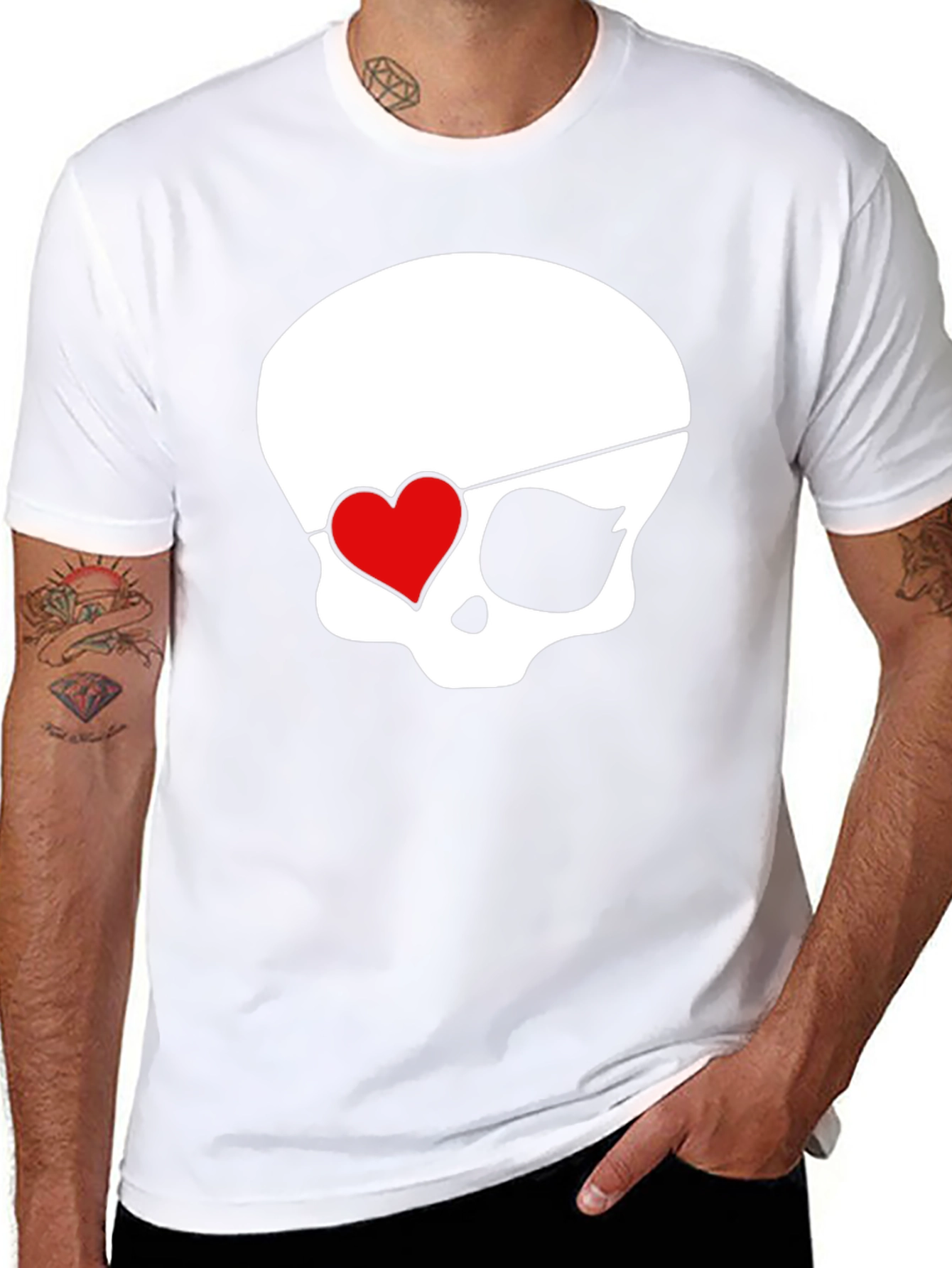 Skull Pirate Heart Eye Patch Mens Black T-Shirt
