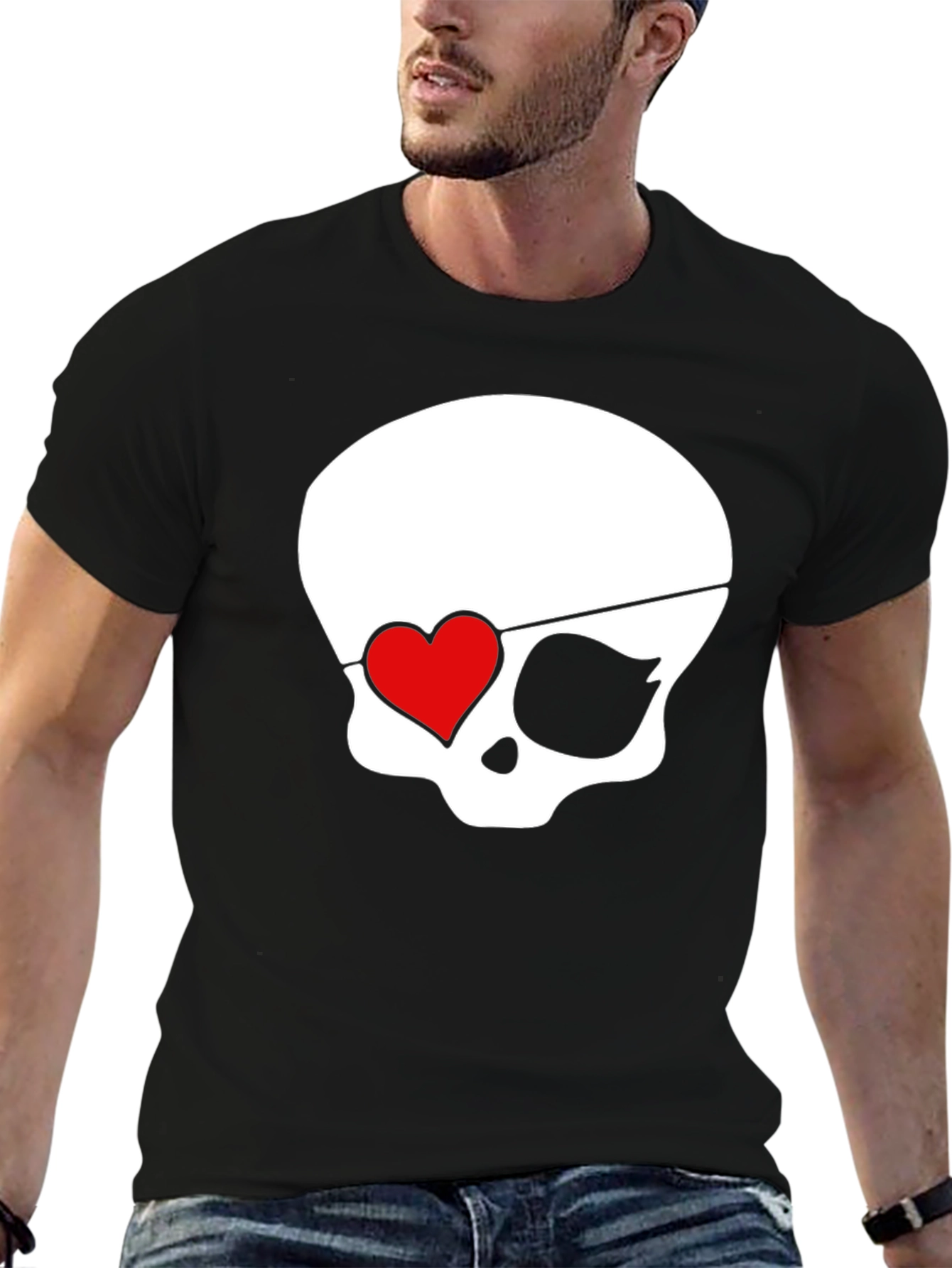 Skull Pirate Heart Eye Patch Mens Black T-Shirt