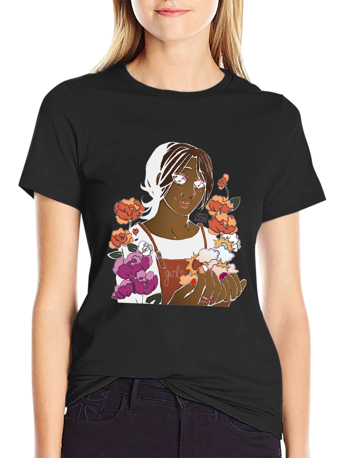 Floral Graphic Tee - Black Cotton Unisex