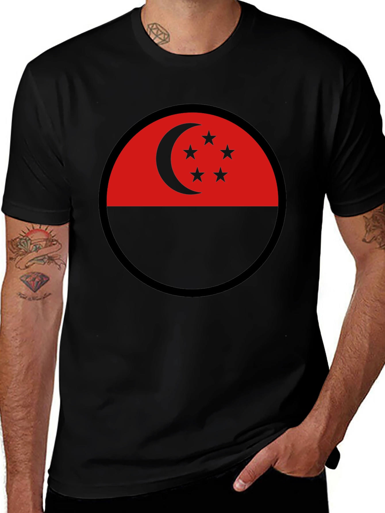 Singapore Flag Circle Black T-Shirt