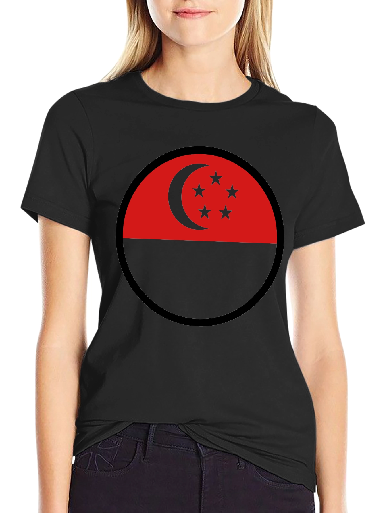 Singapore Flag Circle Black T-Shirt
