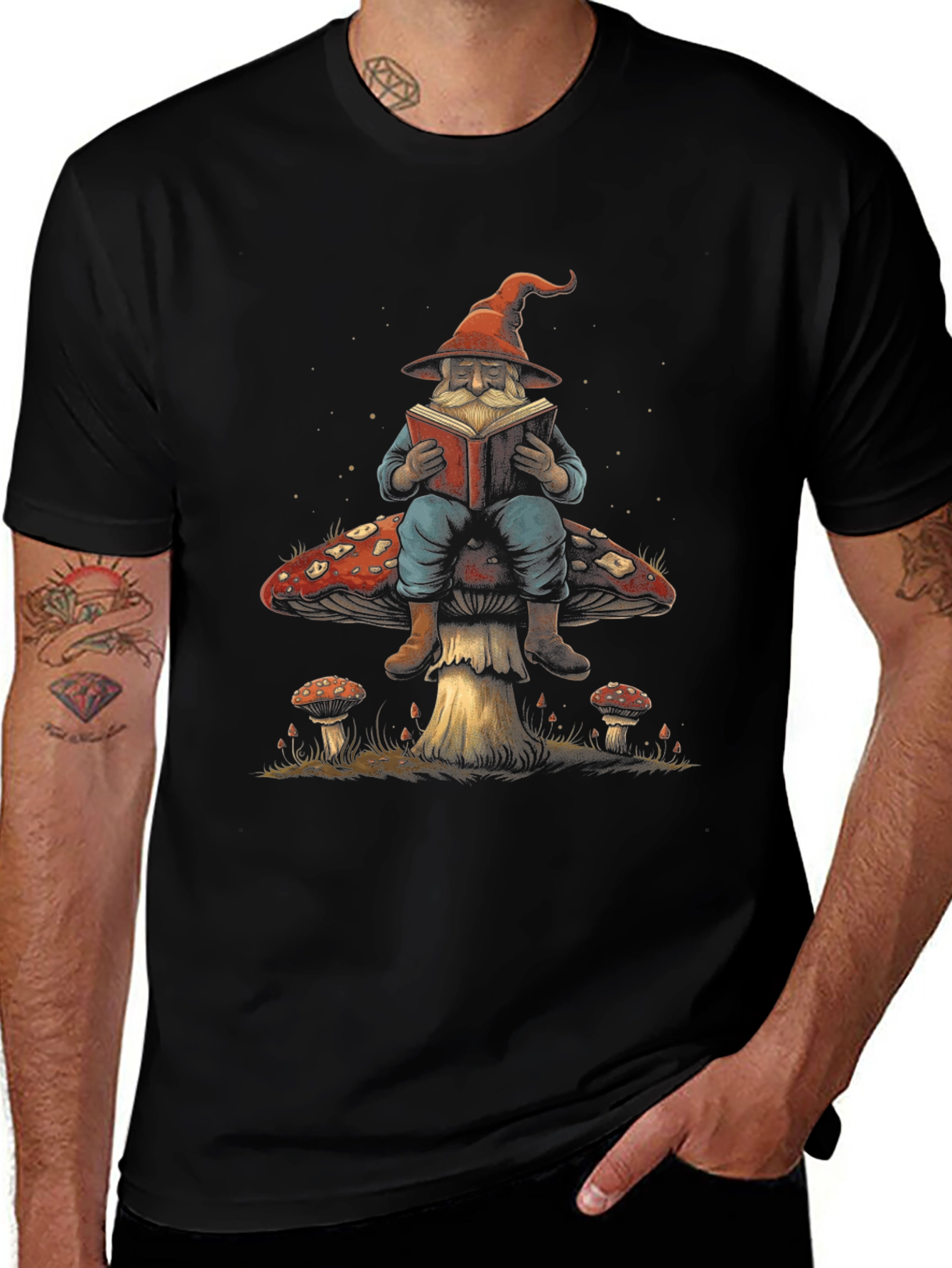 Wizard Reading Book On Mushroom Graphic T-Shirt