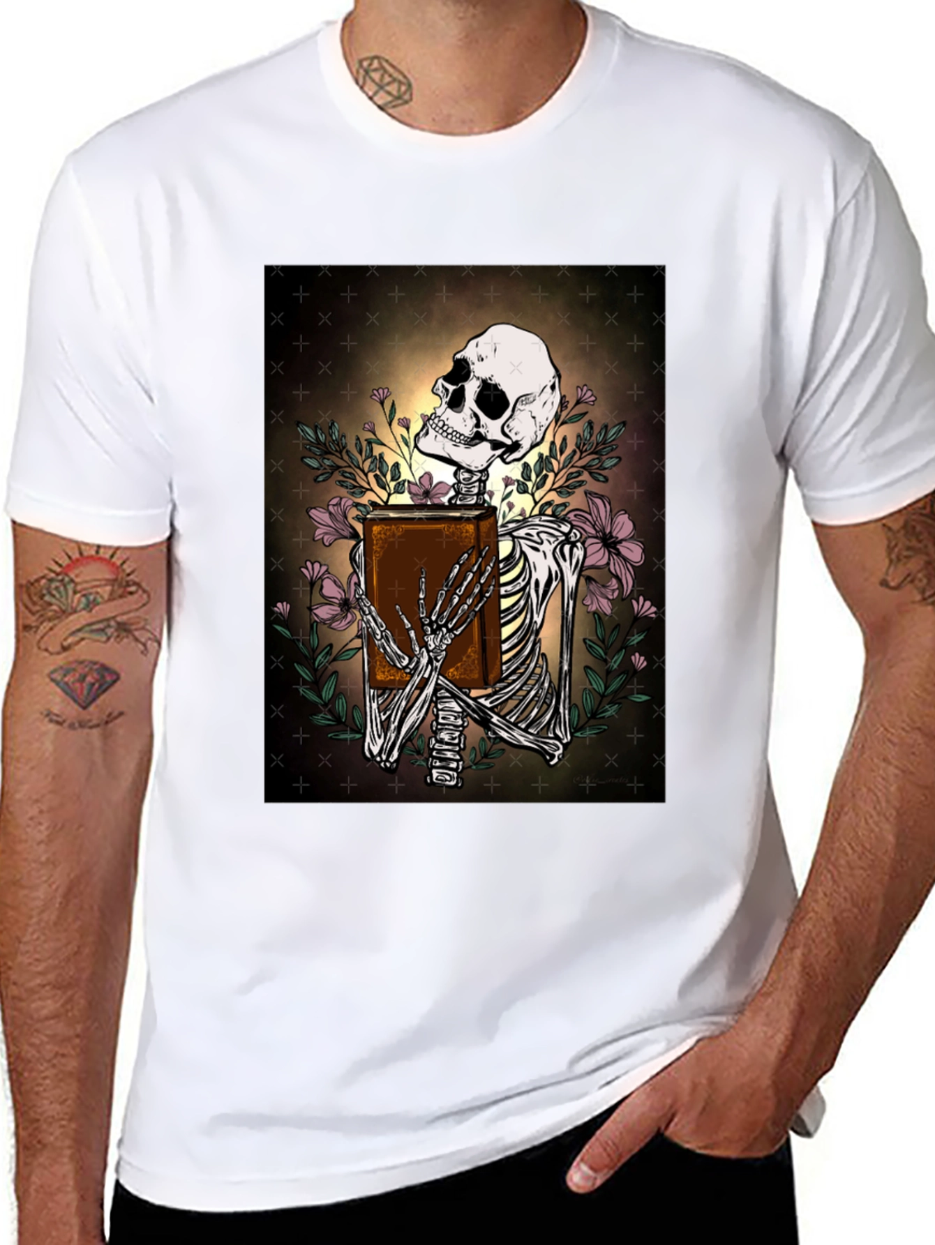 Skeleton Bookworm T-Shirt - Gothic Scholar Design