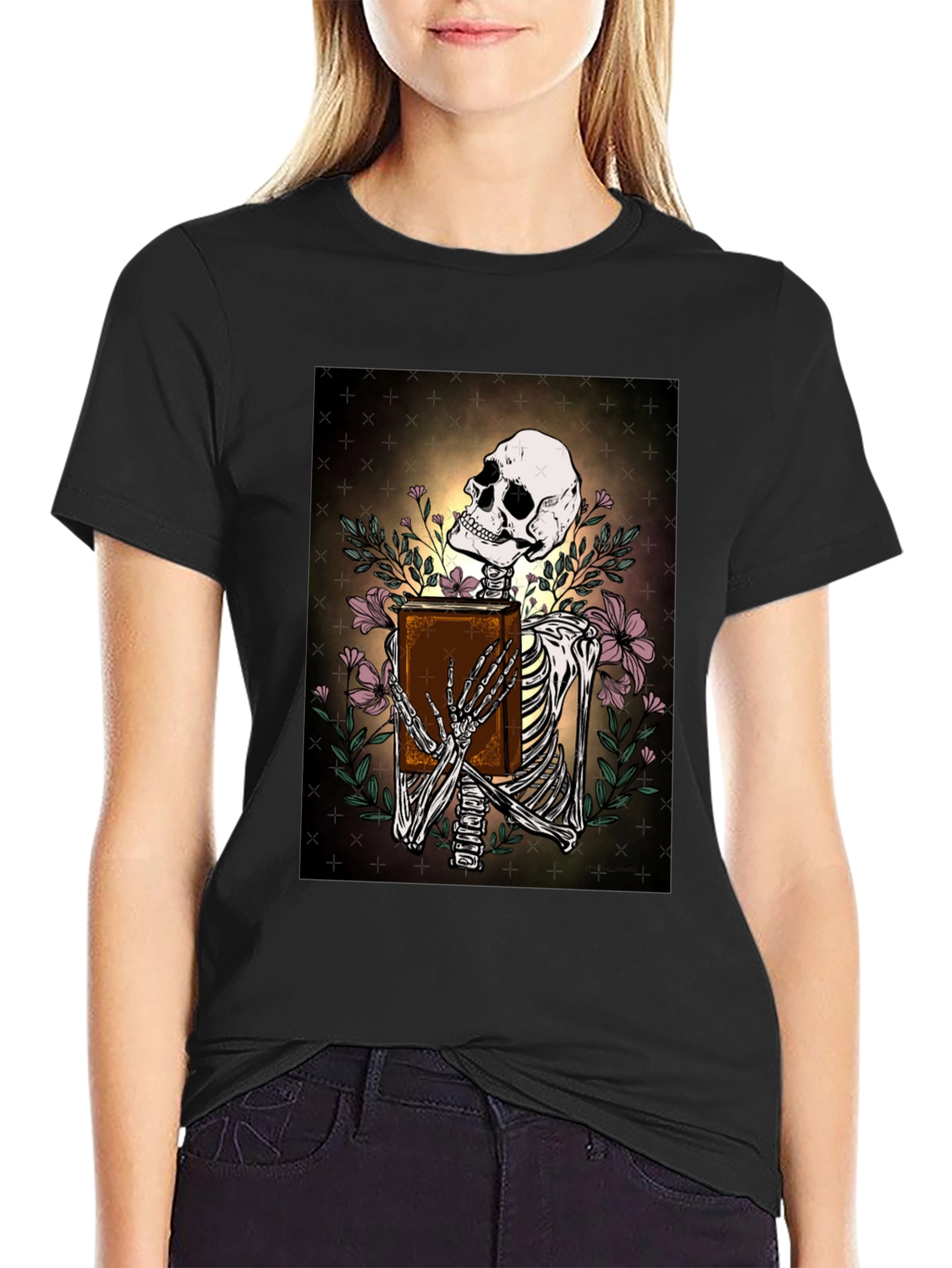 Skeleton Bookworm T-Shirt - Gothic Scholar Design