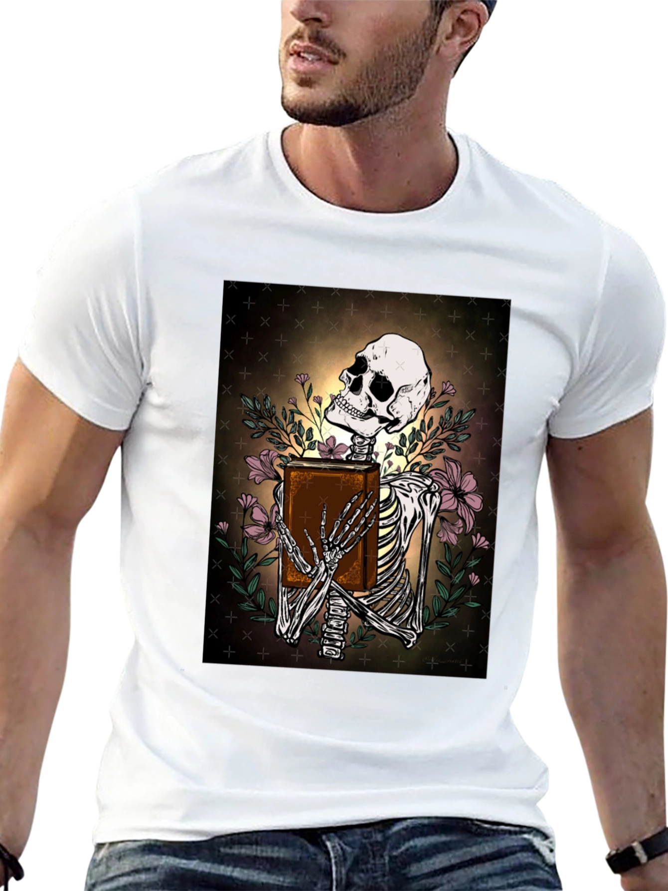 Skeleton Bookworm T-Shirt - Gothic Scholar Design